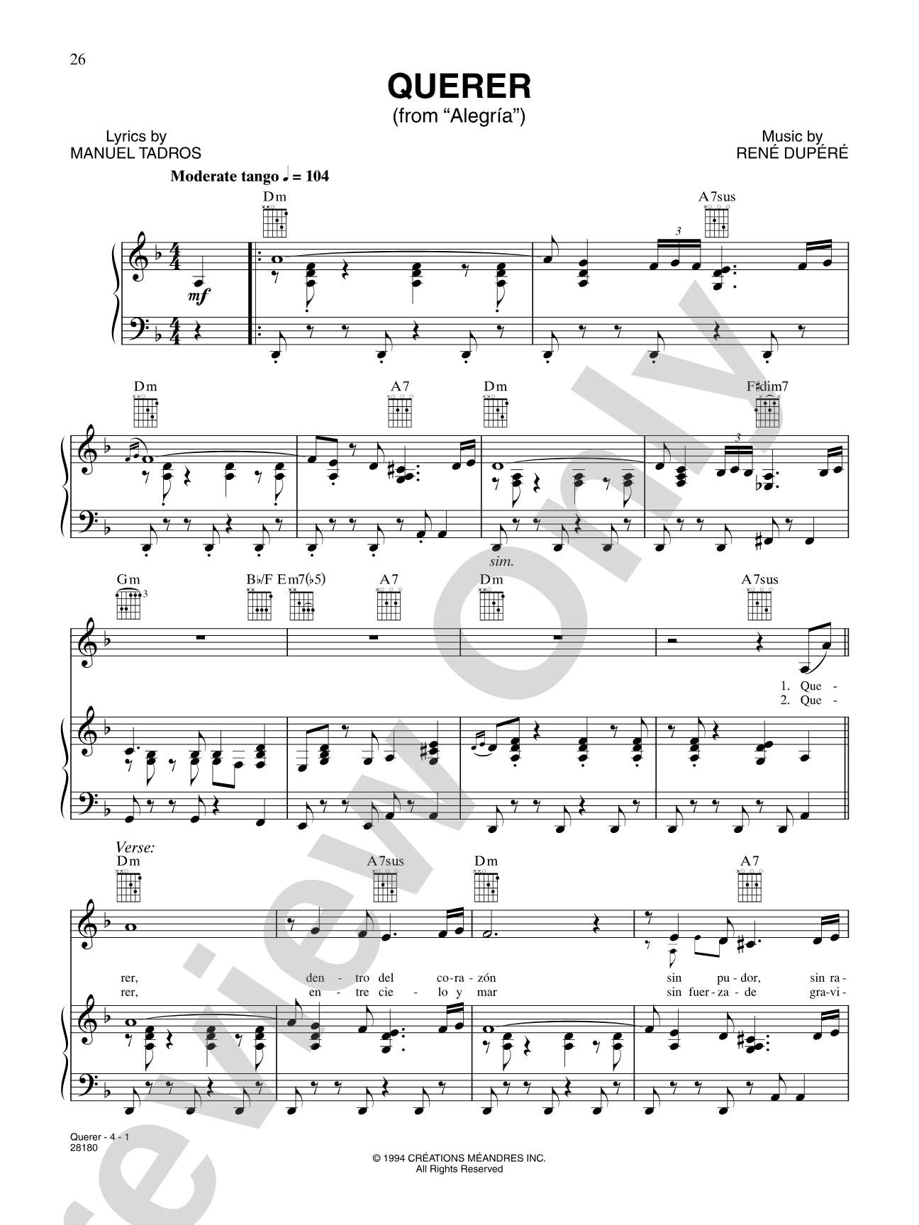 Querer (from "Cirque Du Soleil: Alegria"): Piano/Vocal/Chords