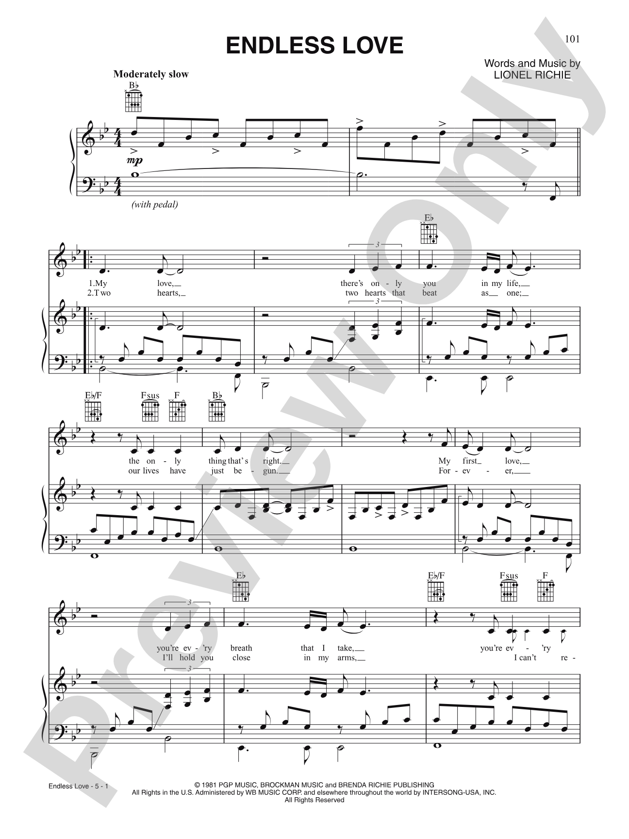 Endless Love: Piano/Vocal/Chords
