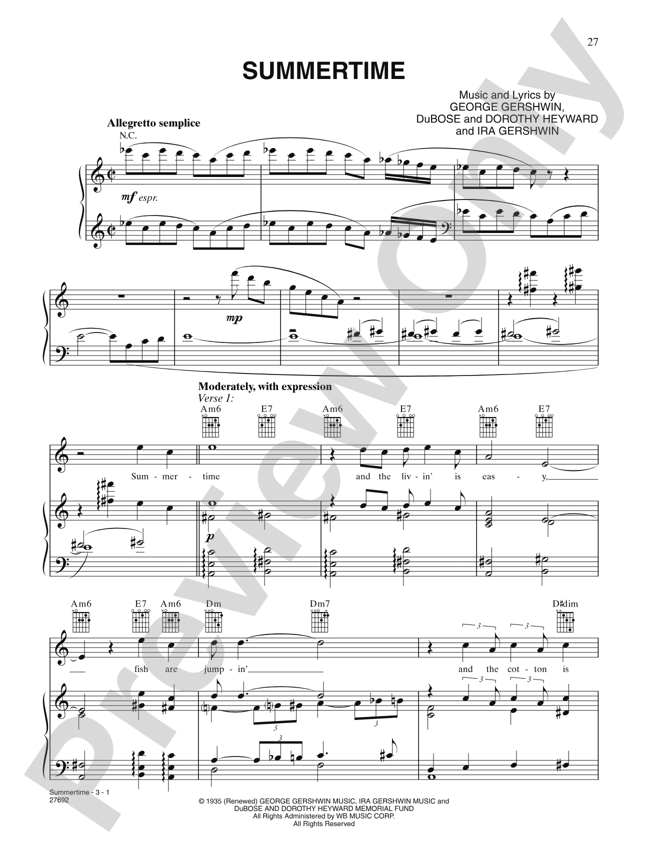 Summertime (From "Porgy And Bess"): Piano/Vocal/Chords