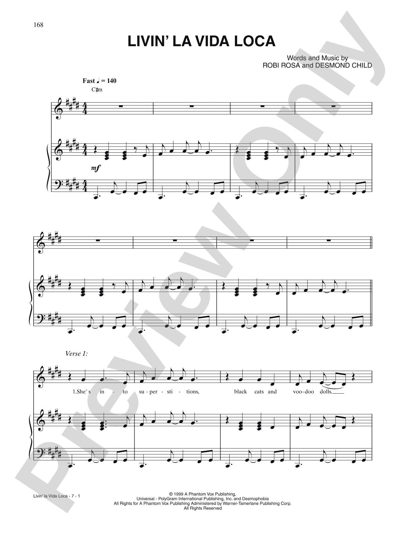 Livin' La Vida Loca (English Version): Piano/Vocal/Chords