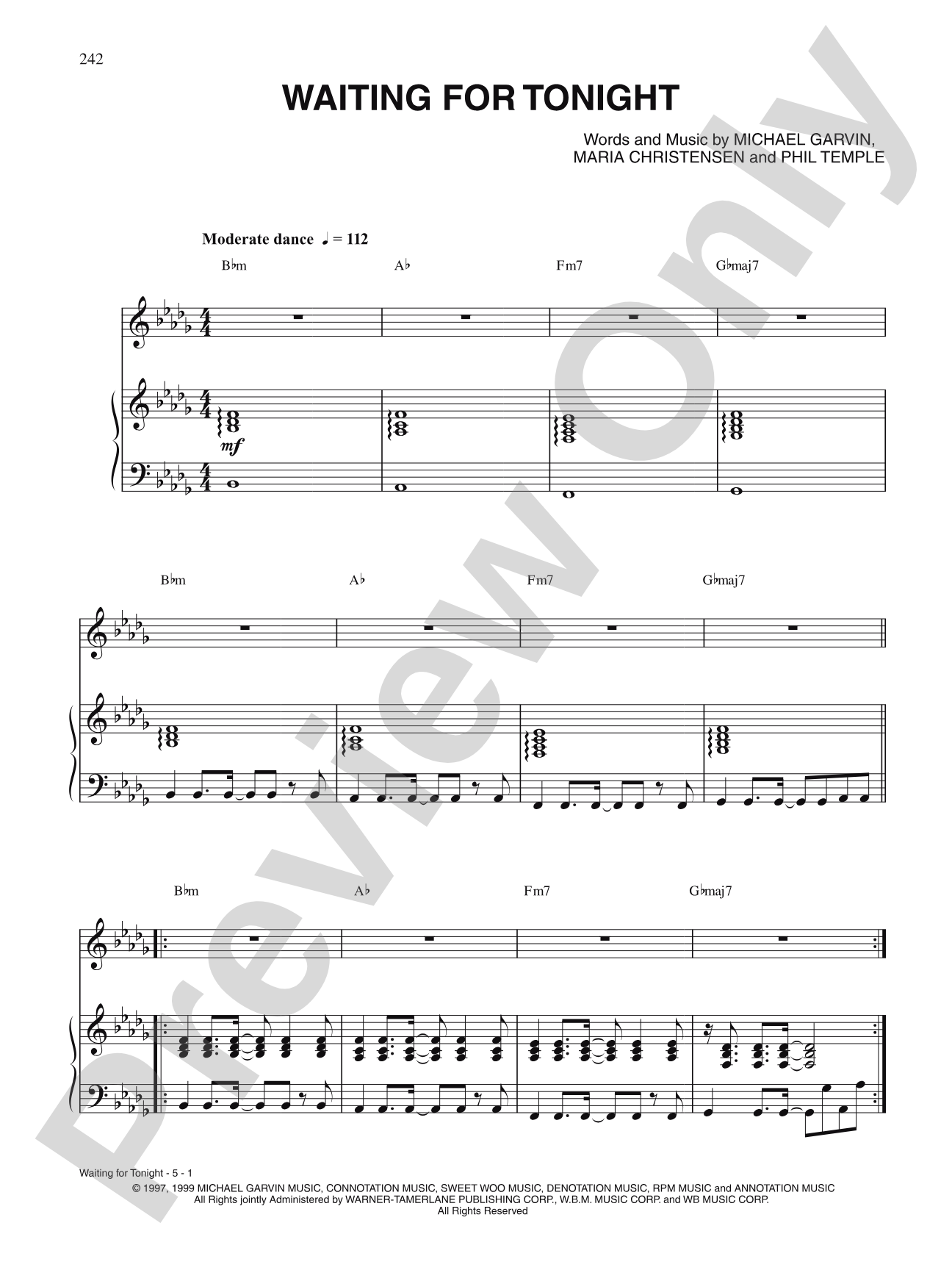 Waiting For Tonight: Piano/Vocal/Chords