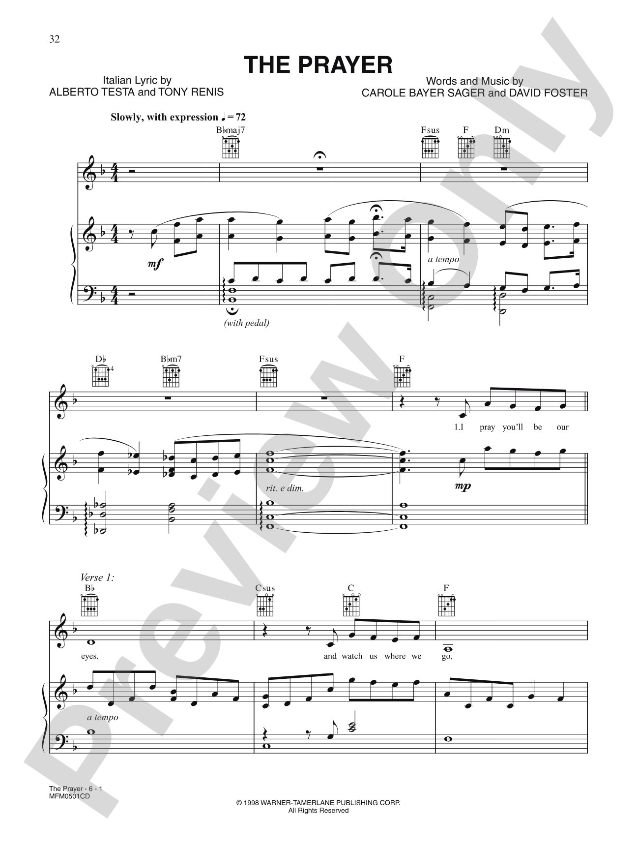 The Prayer: Piano/Vocal/Chords
