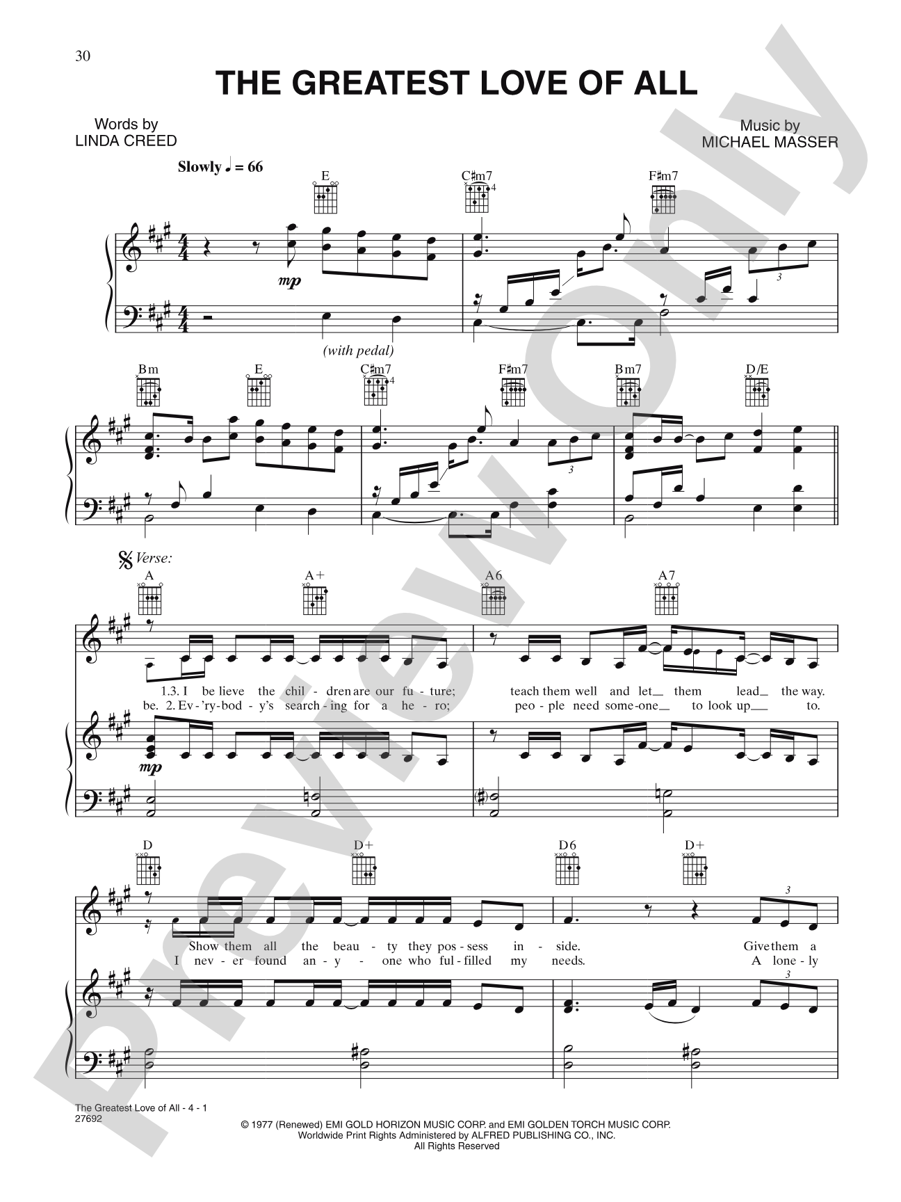 The Greatest Love Of All: Piano/Vocal/Chords