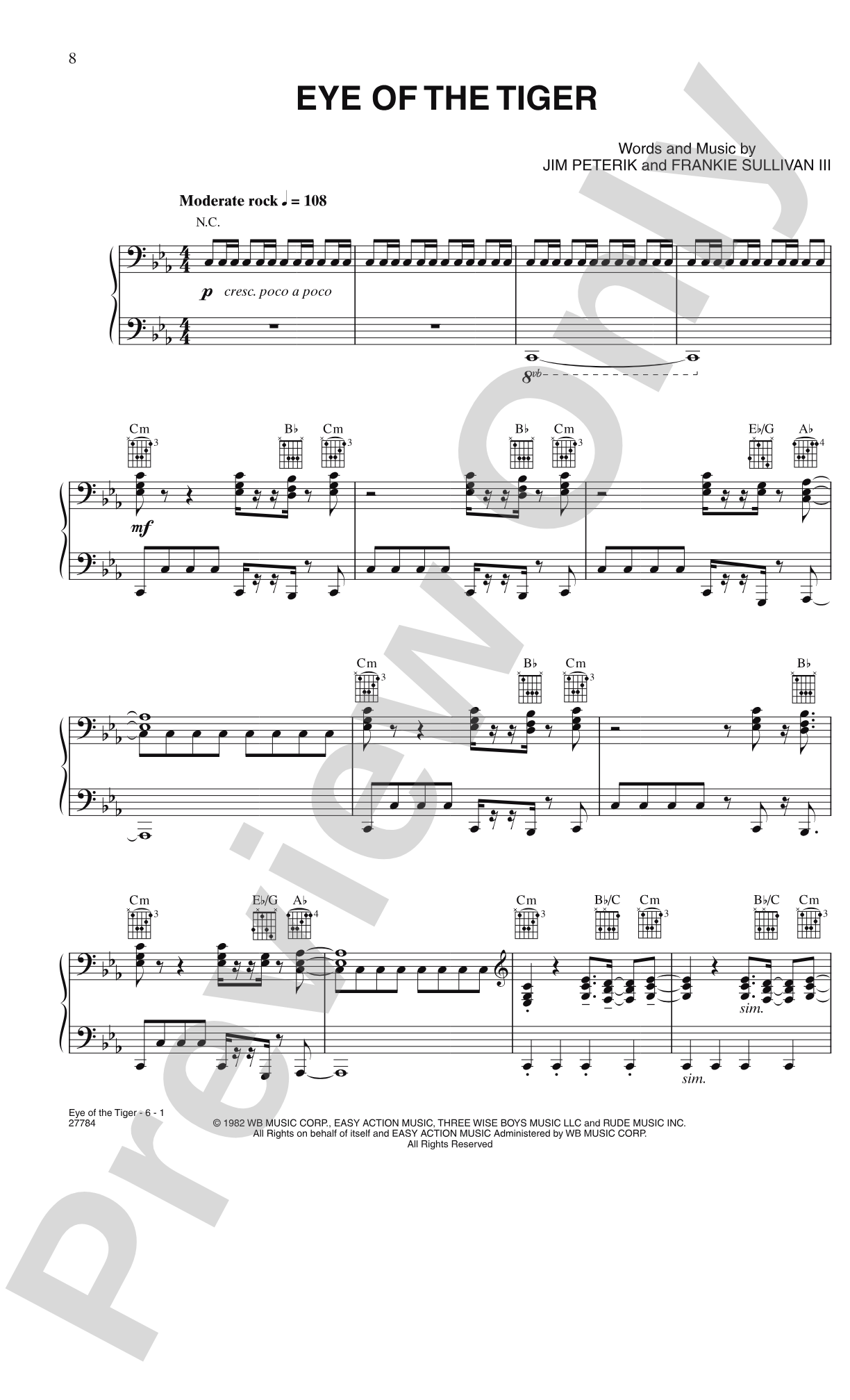 Eye Of The Tiger (From "Rocky Iii"): Piano/Vocal/Chords
