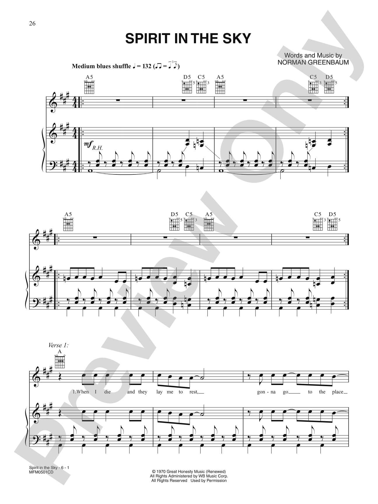 Spirit In The Sky: Piano/Vocal/Chords