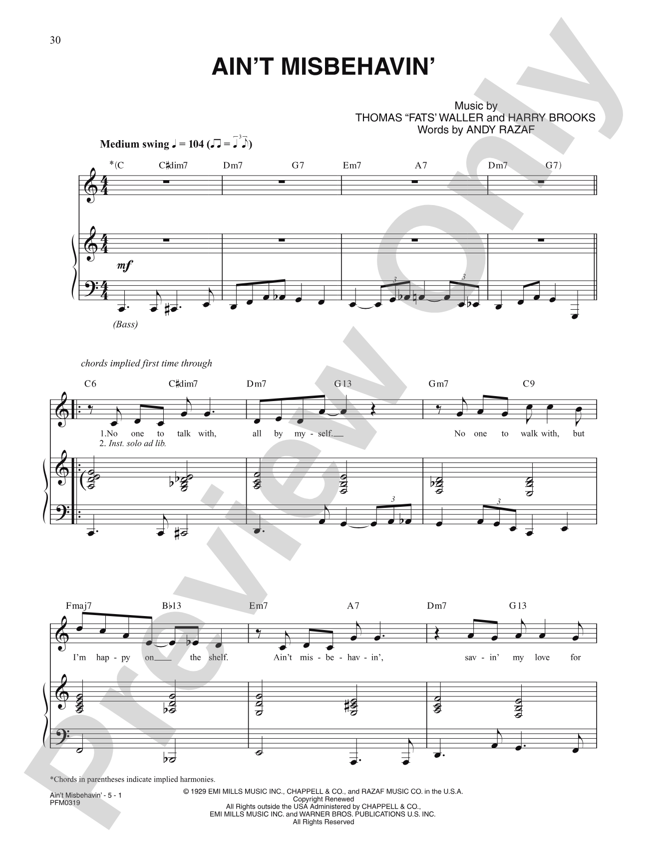 Ain't Misbehavin': Piano/Vocal/Chords