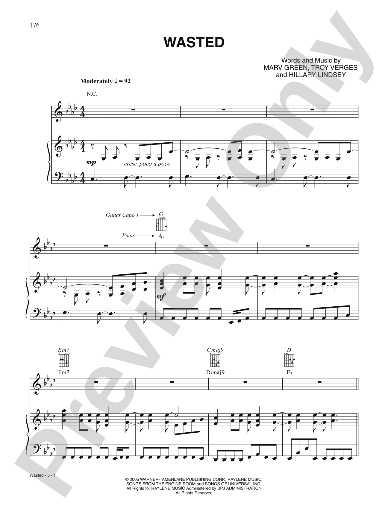 Wasted: Piano/Vocal/Chords