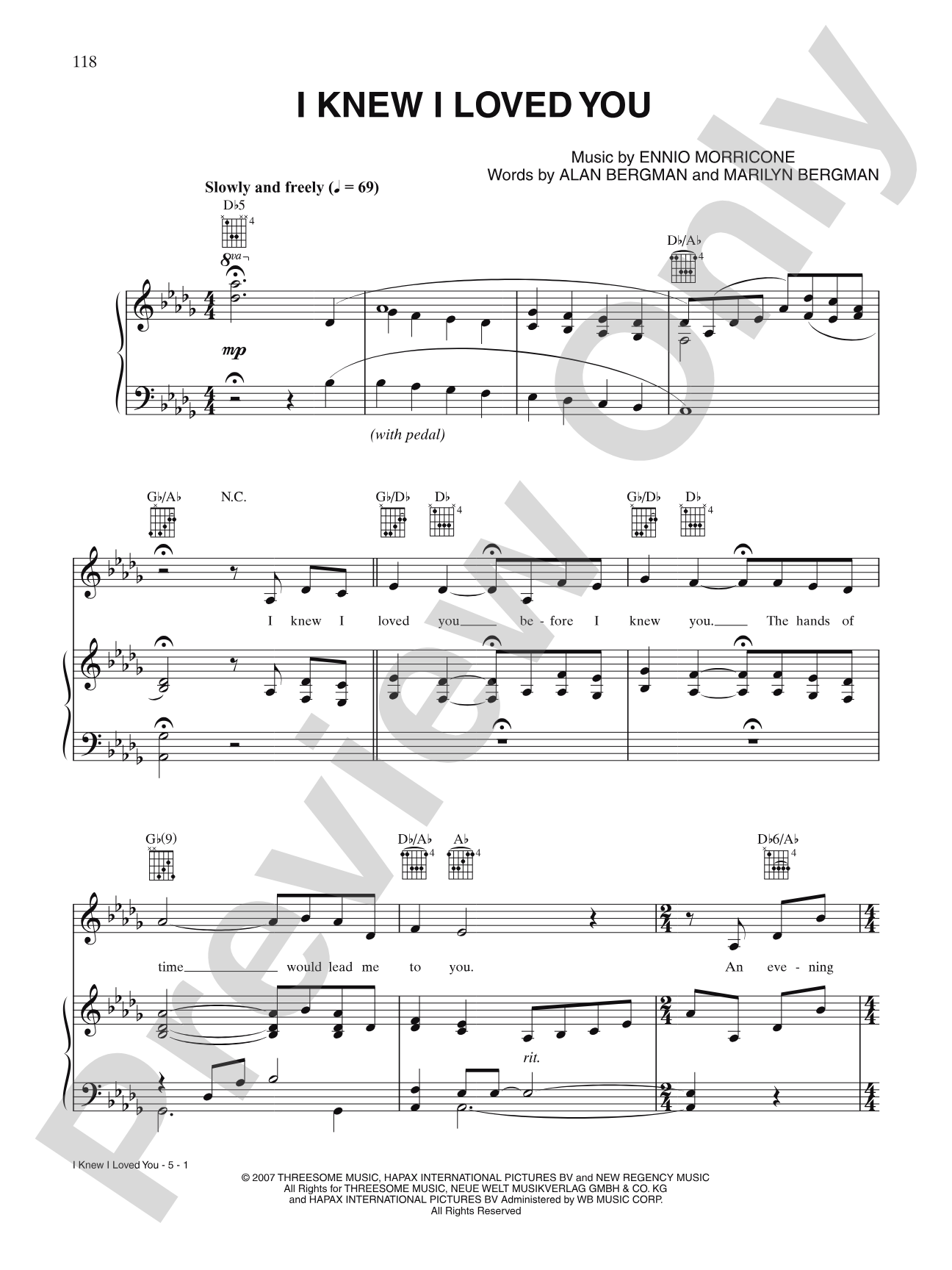 I Knew I Loved You: Piano/Vocal/Chords