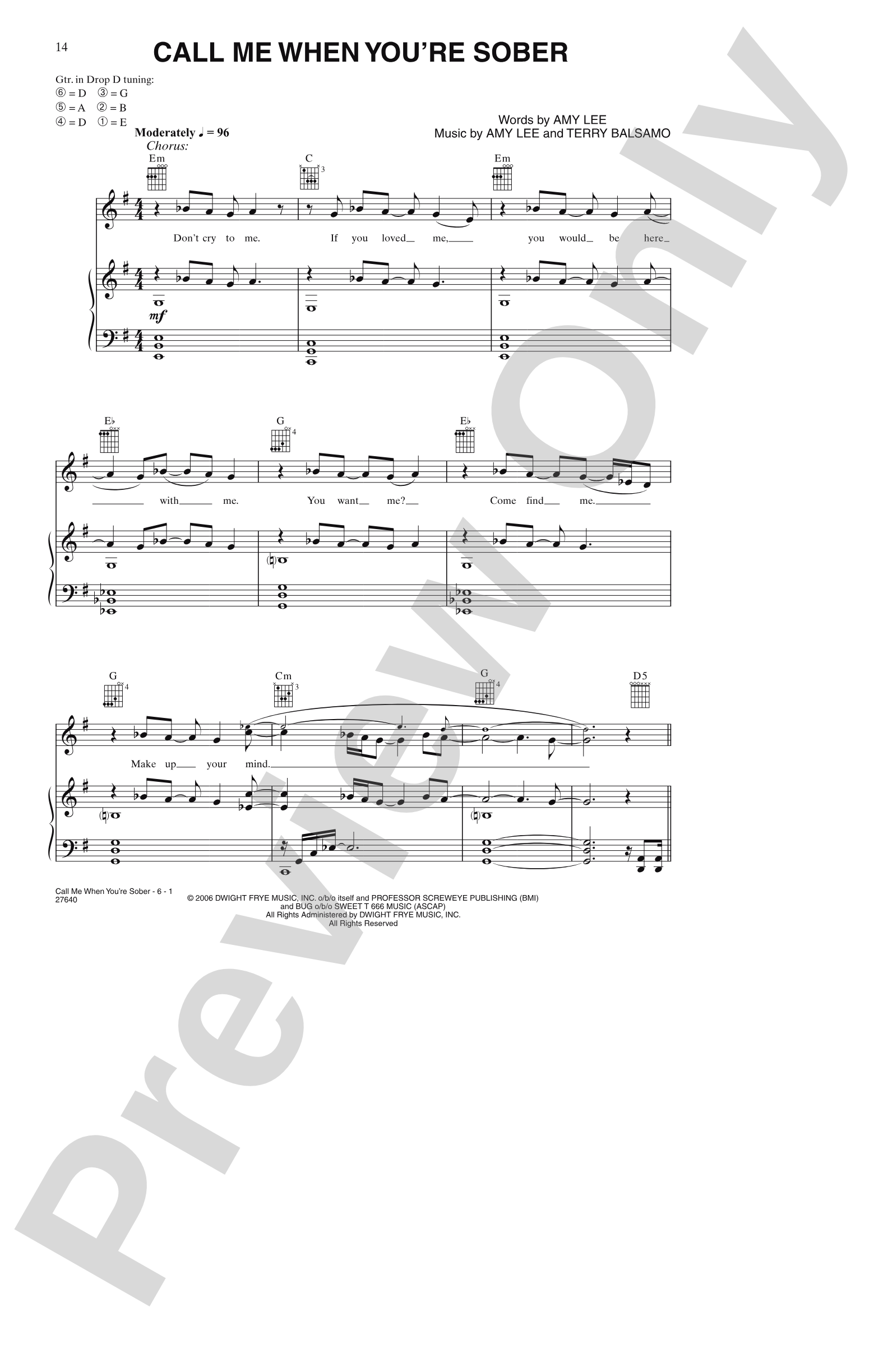 Call Me When You're Sober: Piano/Vocal/Chords