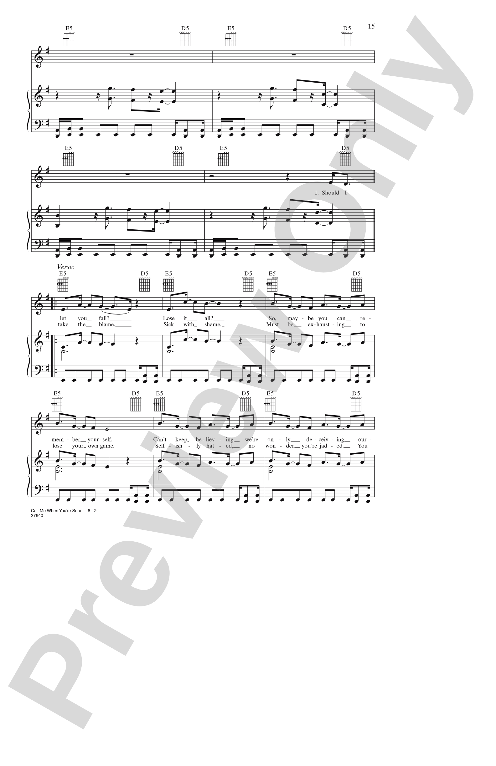 Call Me When You're Sober: Piano/Vocal/Chords