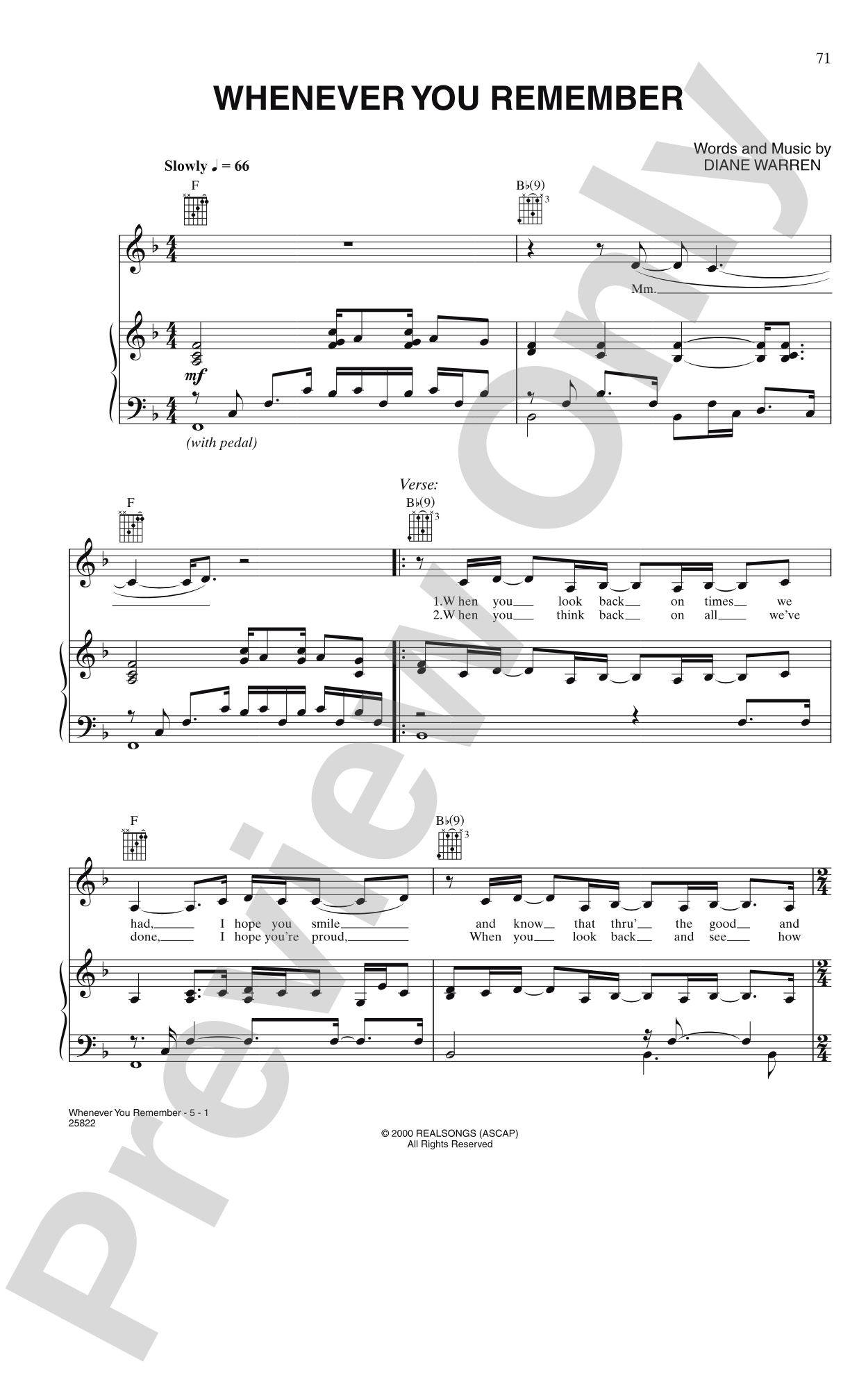 Whenever You Remember: Piano/Vocal/Chords