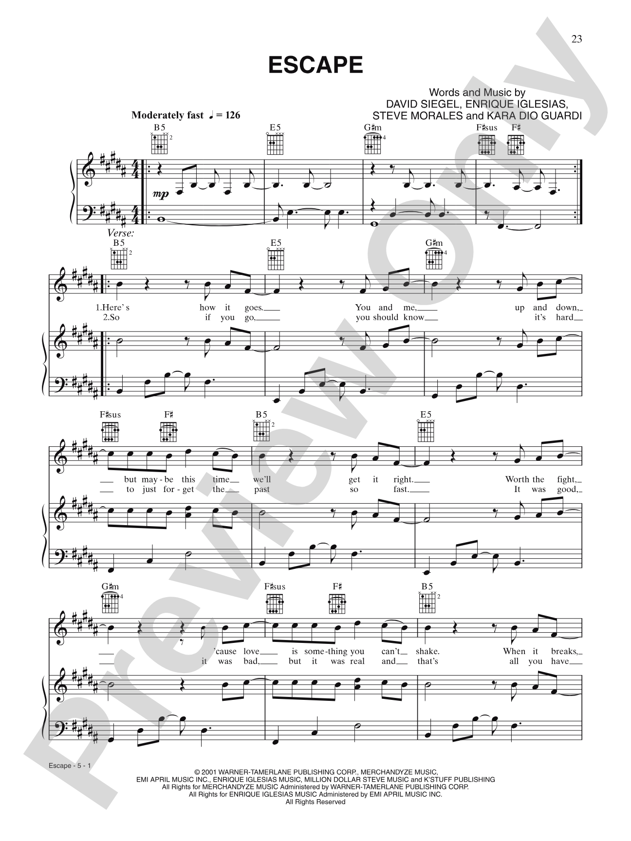 Escape: Piano/Vocal/Chords