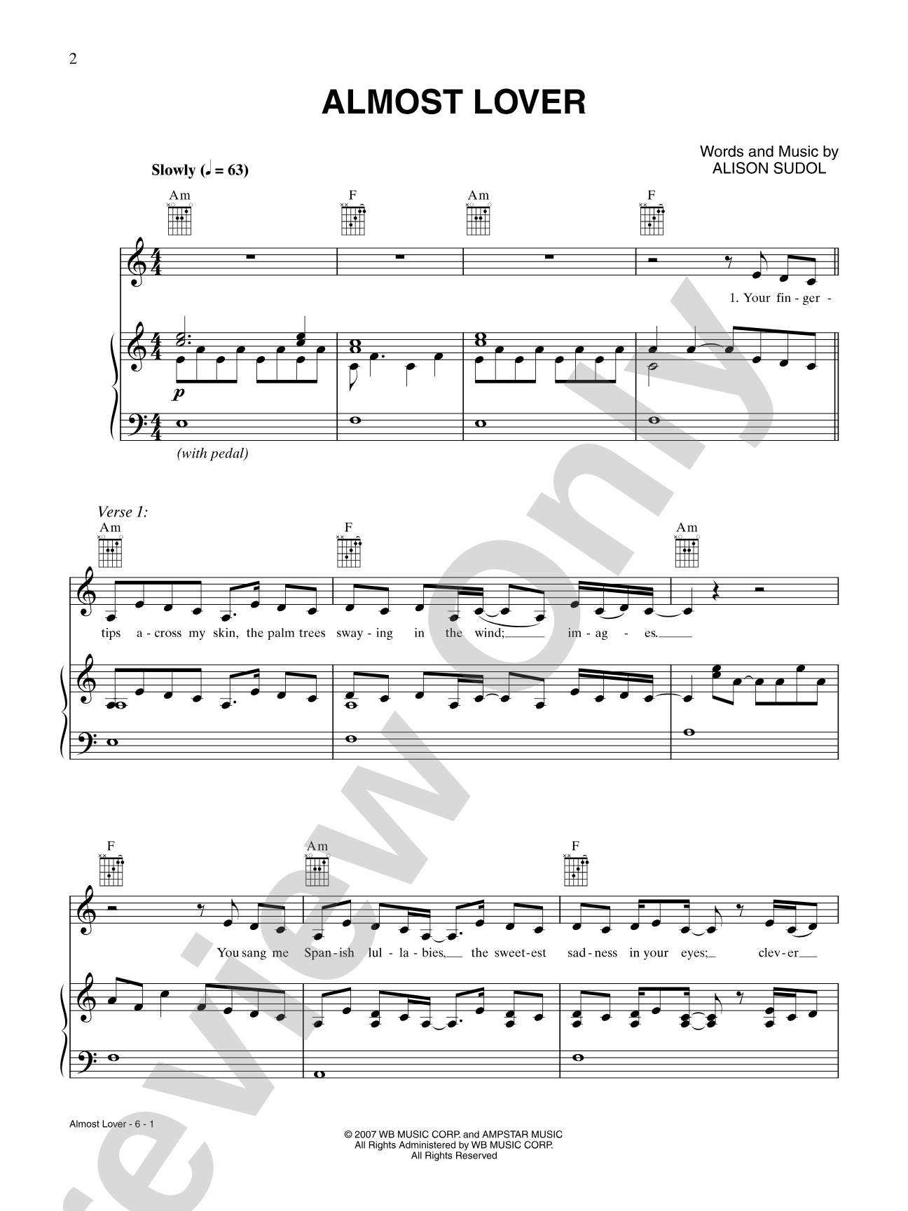 Almost Lover: Piano/Vocal/Chords