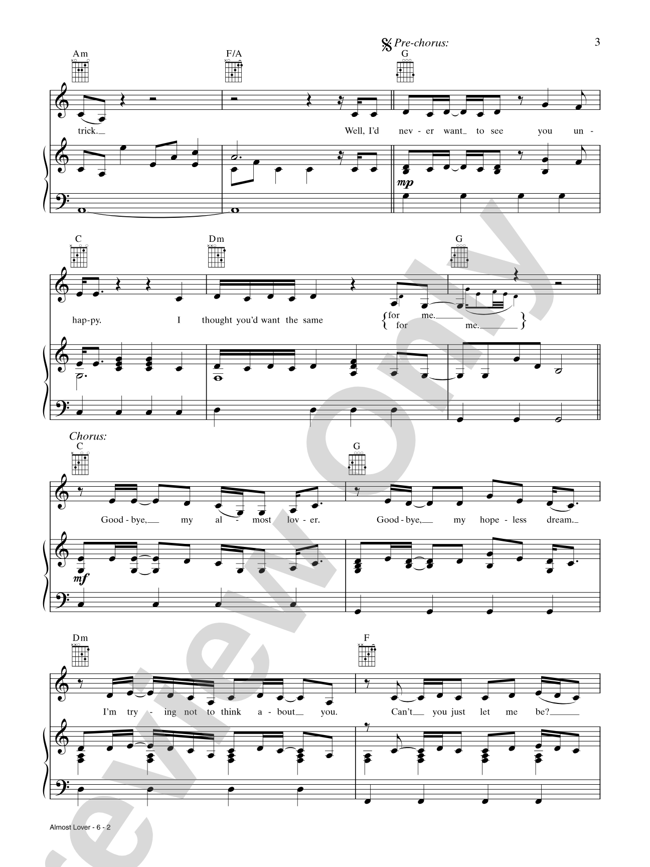 Almost Lover: Piano/Vocal/Chords