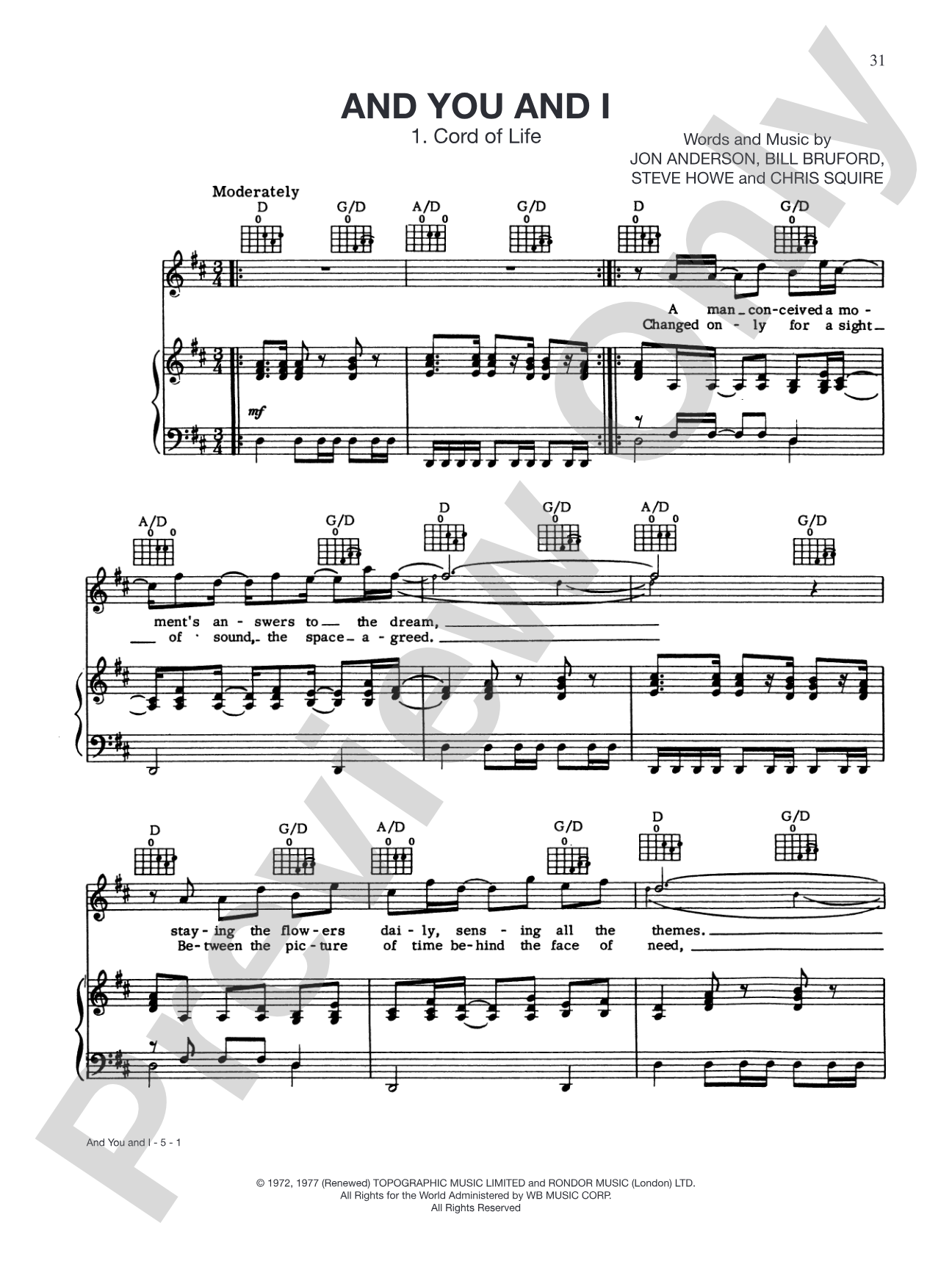 And You and I: Piano/Vocal/Chords