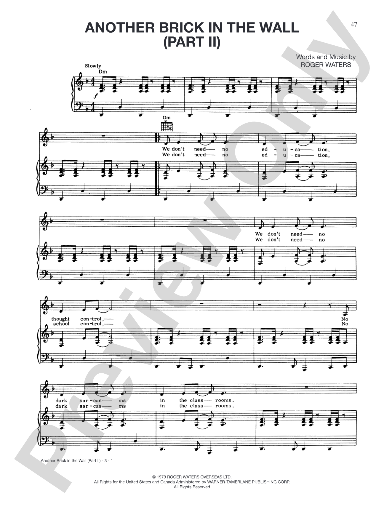 Another Brick in the Wall, Part II: Piano/Vocal/Chords