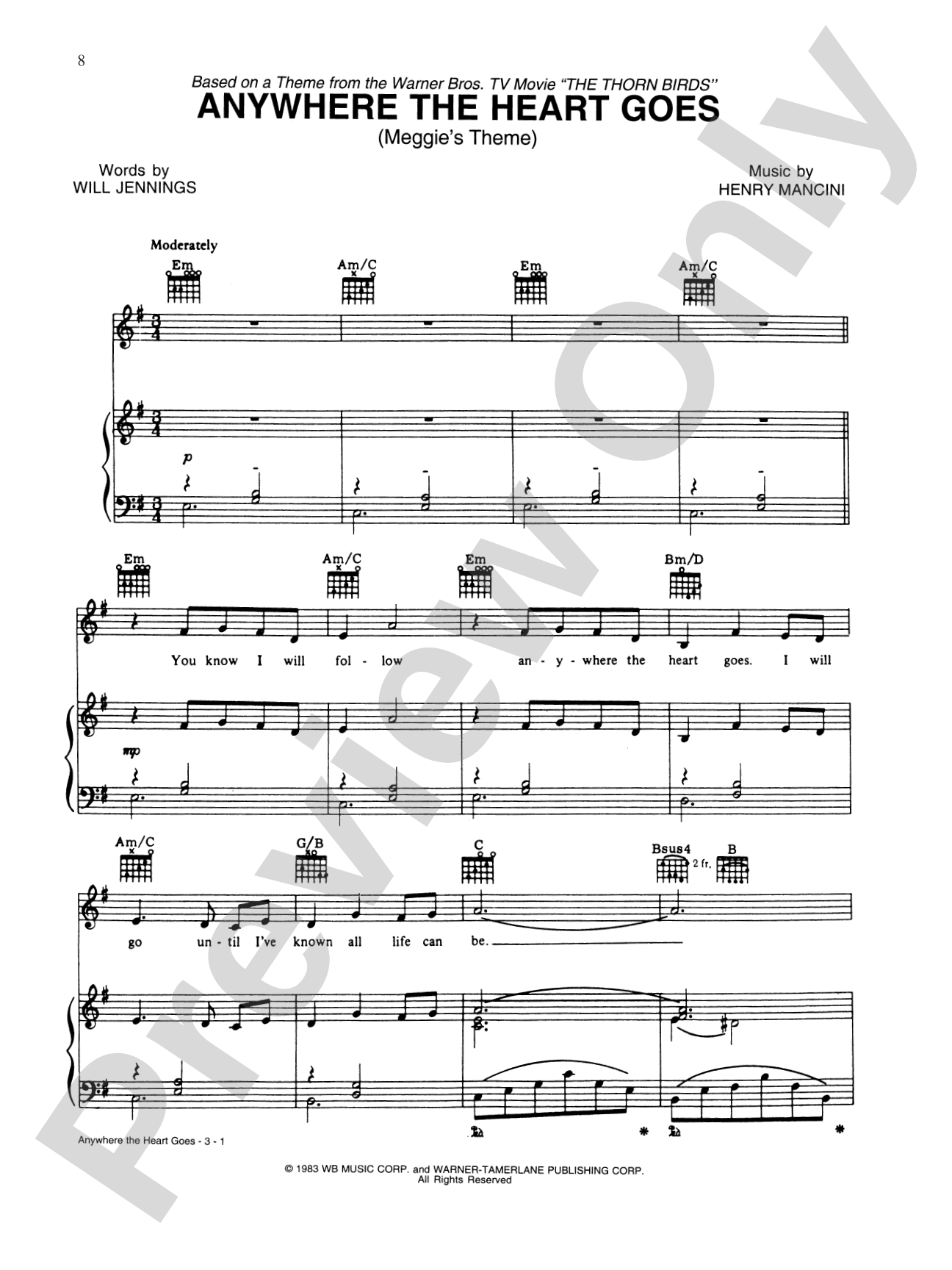 Anywhere the Heart Goes (From "The Thorn Birds"): Piano/Vocal/Chords