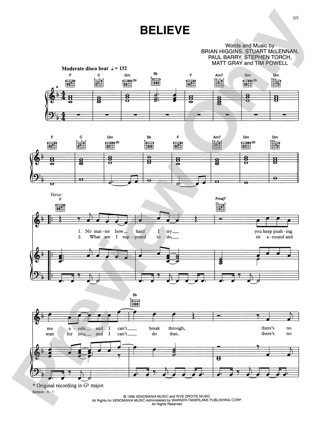 Believe: Piano/Vocal/Chords