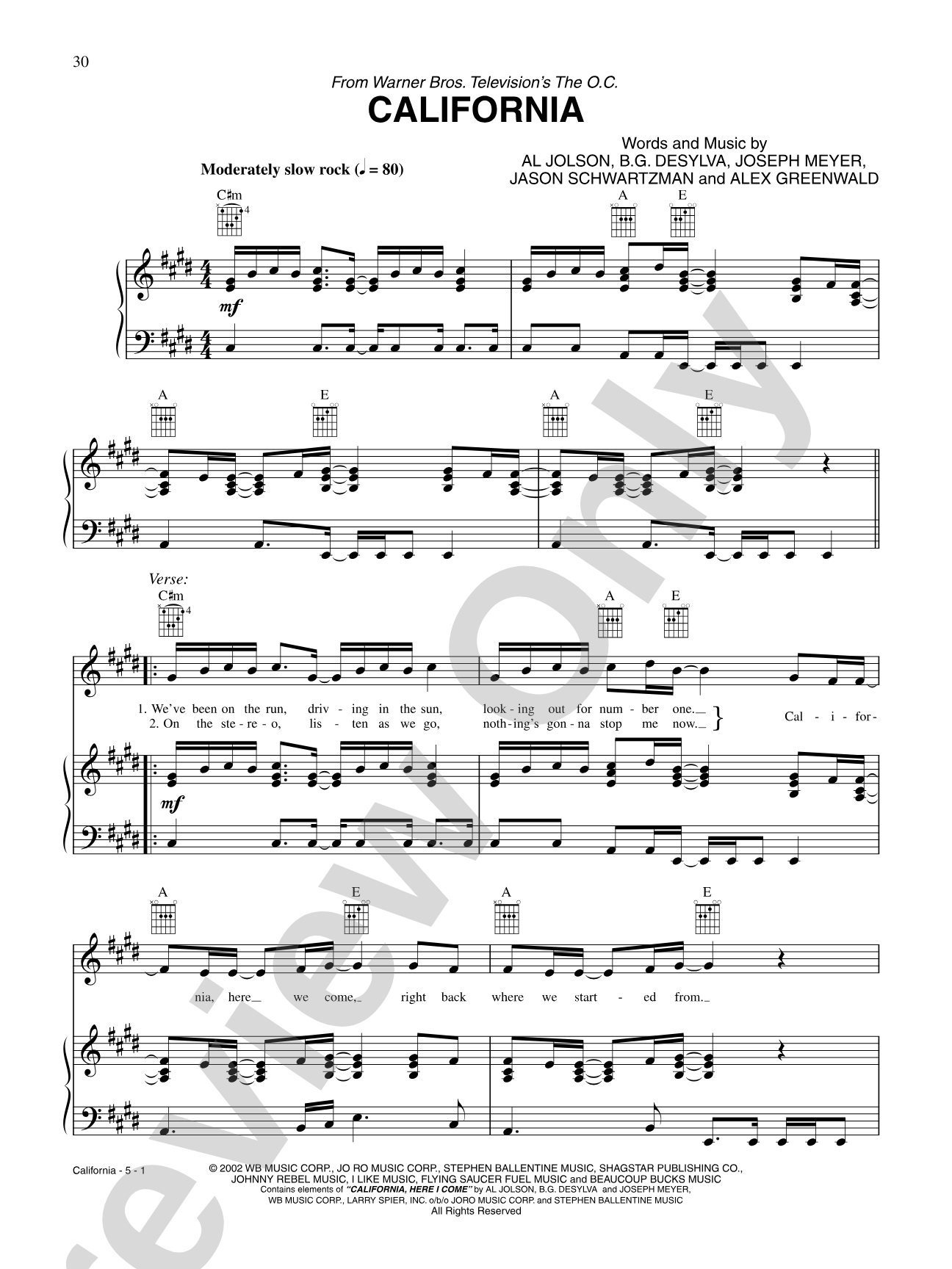 California: Piano/Vocal/Chords