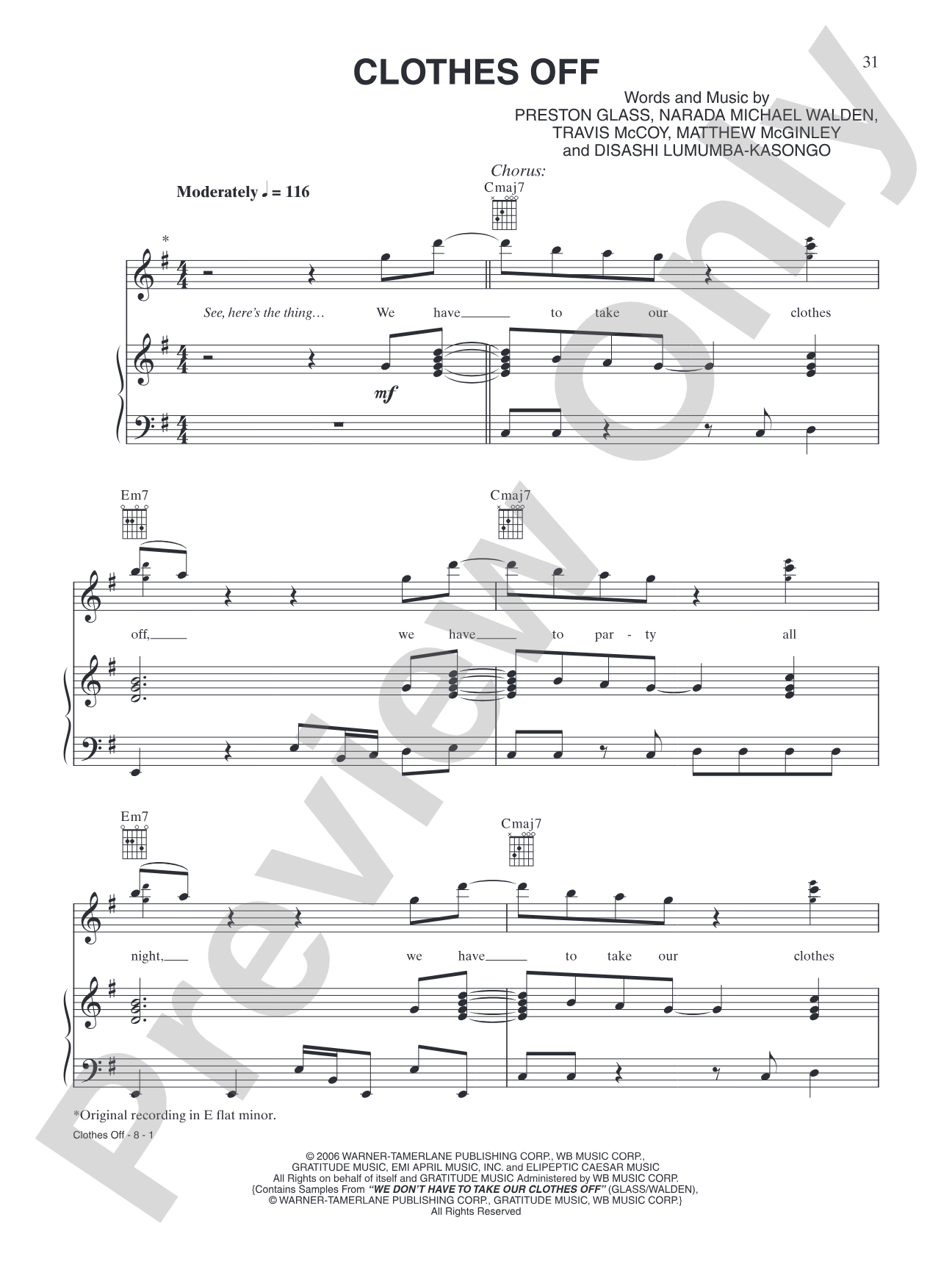 Clothes Off: Piano/Vocal/Chords