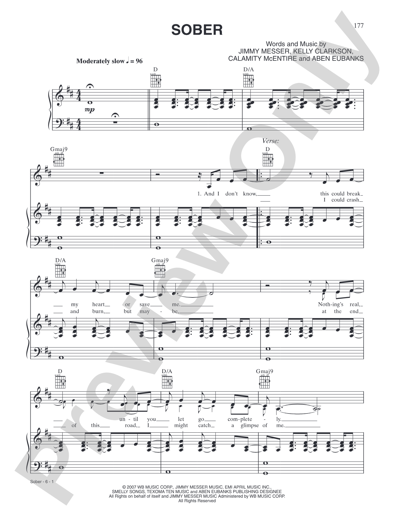 Sober: Piano/Vocal/Chords