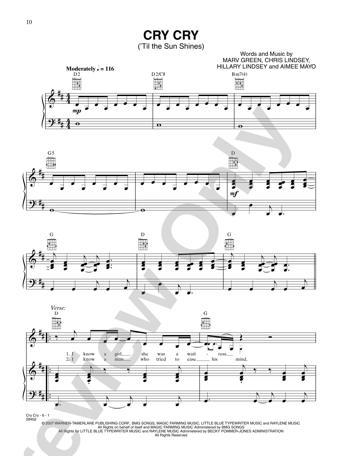 Cry Cry ('Til the Sun Shines): Piano/Vocal/Chords