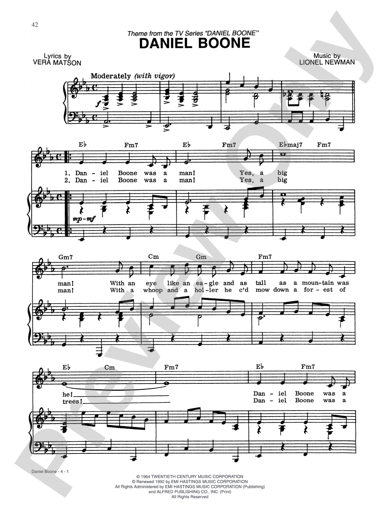 Daniel Boone (Main Theme): Piano/Vocal/Chords