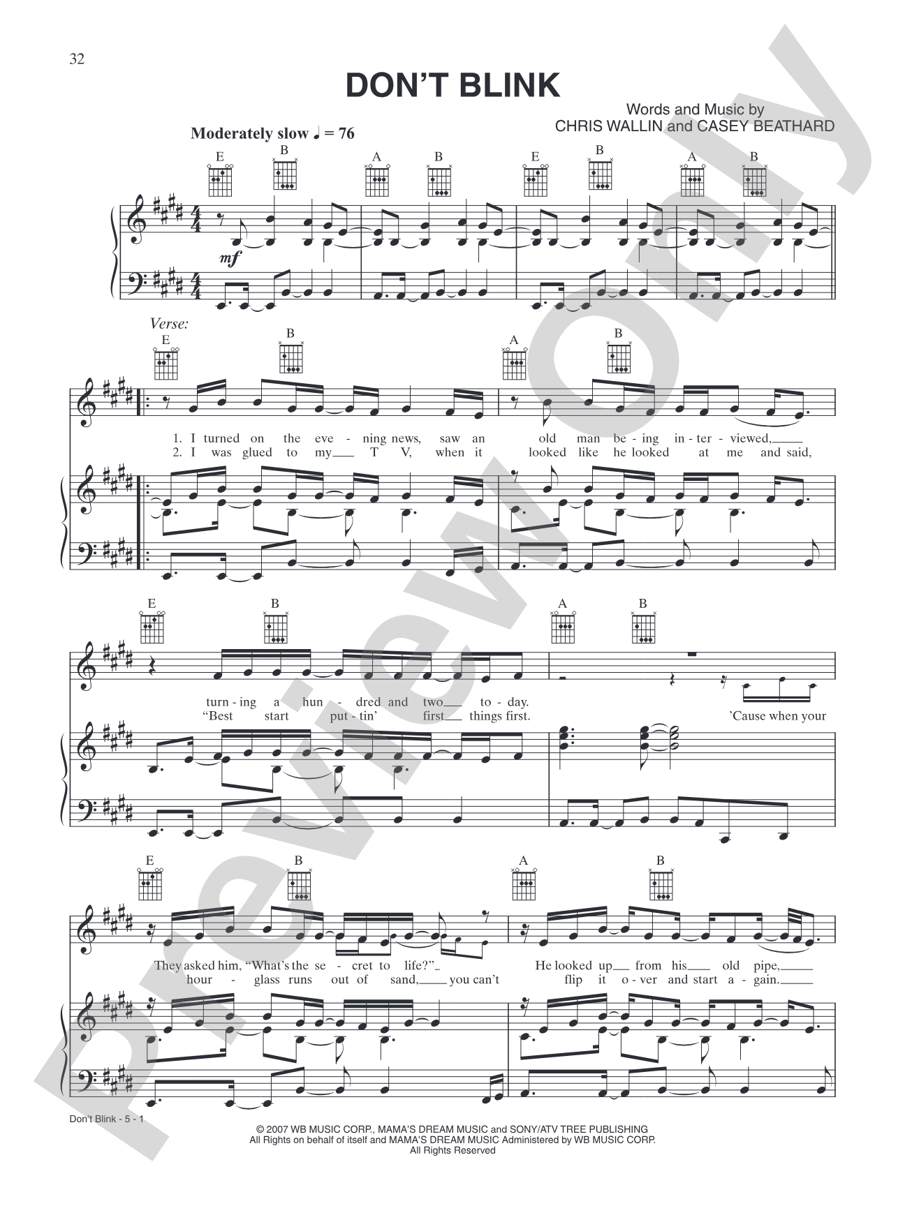 Don't Blink: Piano/Vocal/Chords