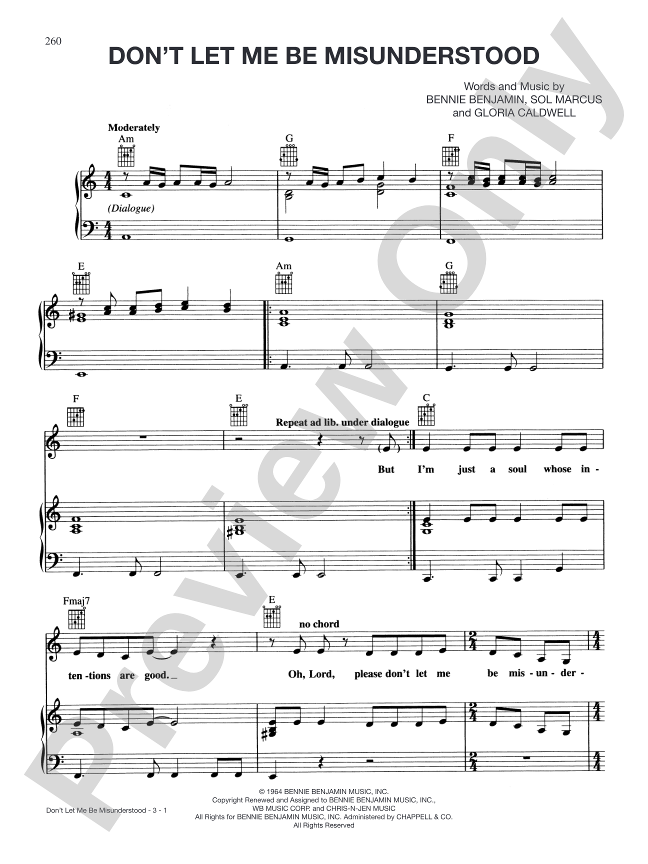 Don't Let Me Be Misunderstood: Piano/Vocal/Chords