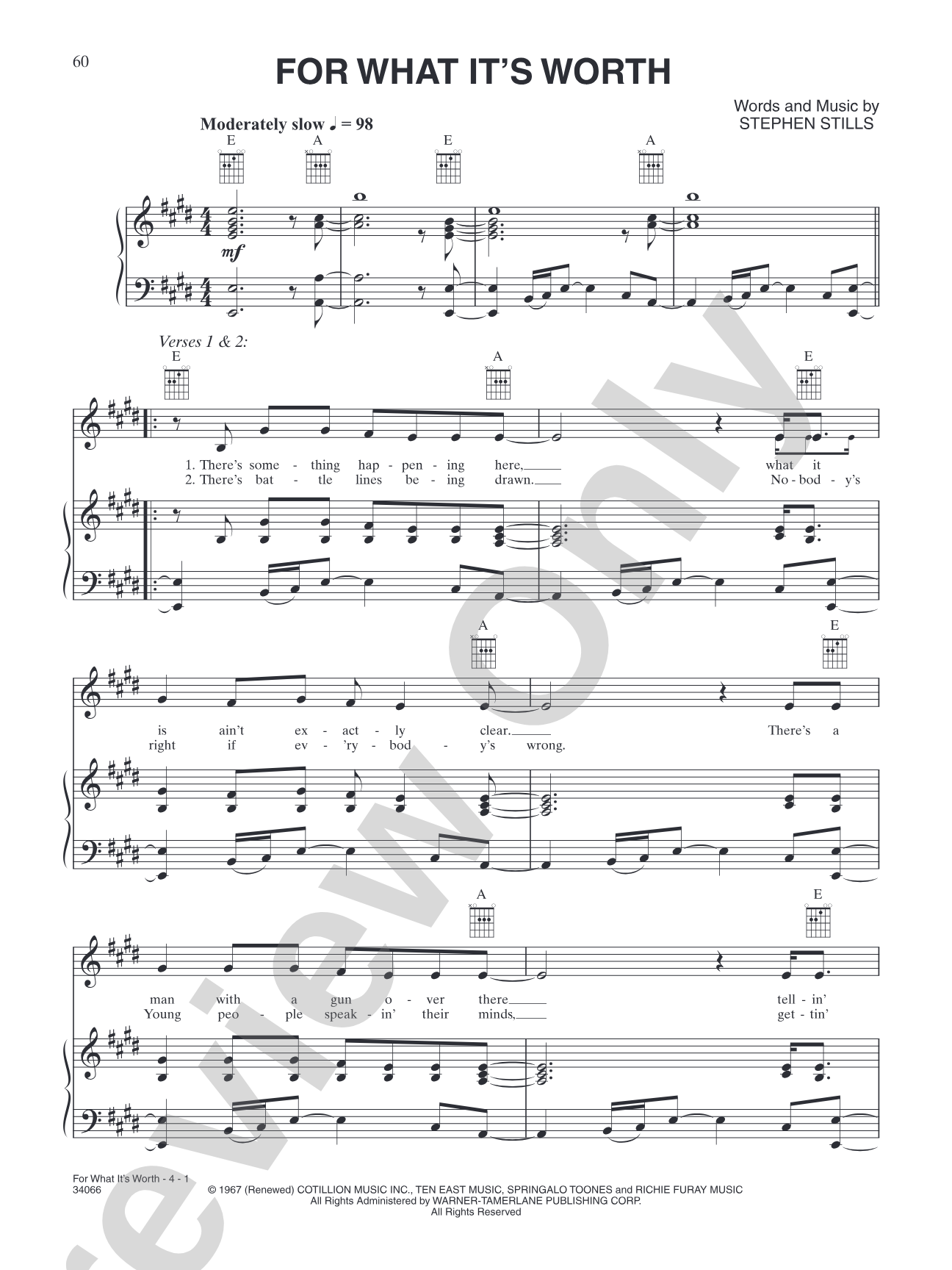 For What It's Worth: Piano/Vocal/Chords