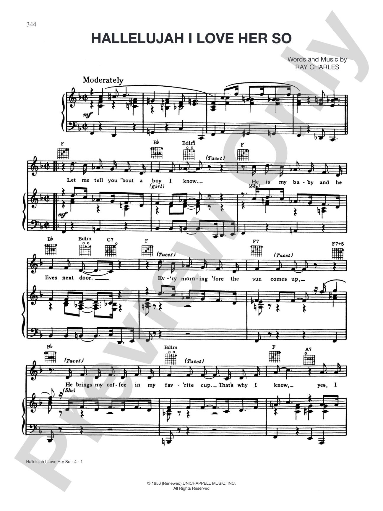 Hallelujah I Love Her So: Piano/Vocal/Chords