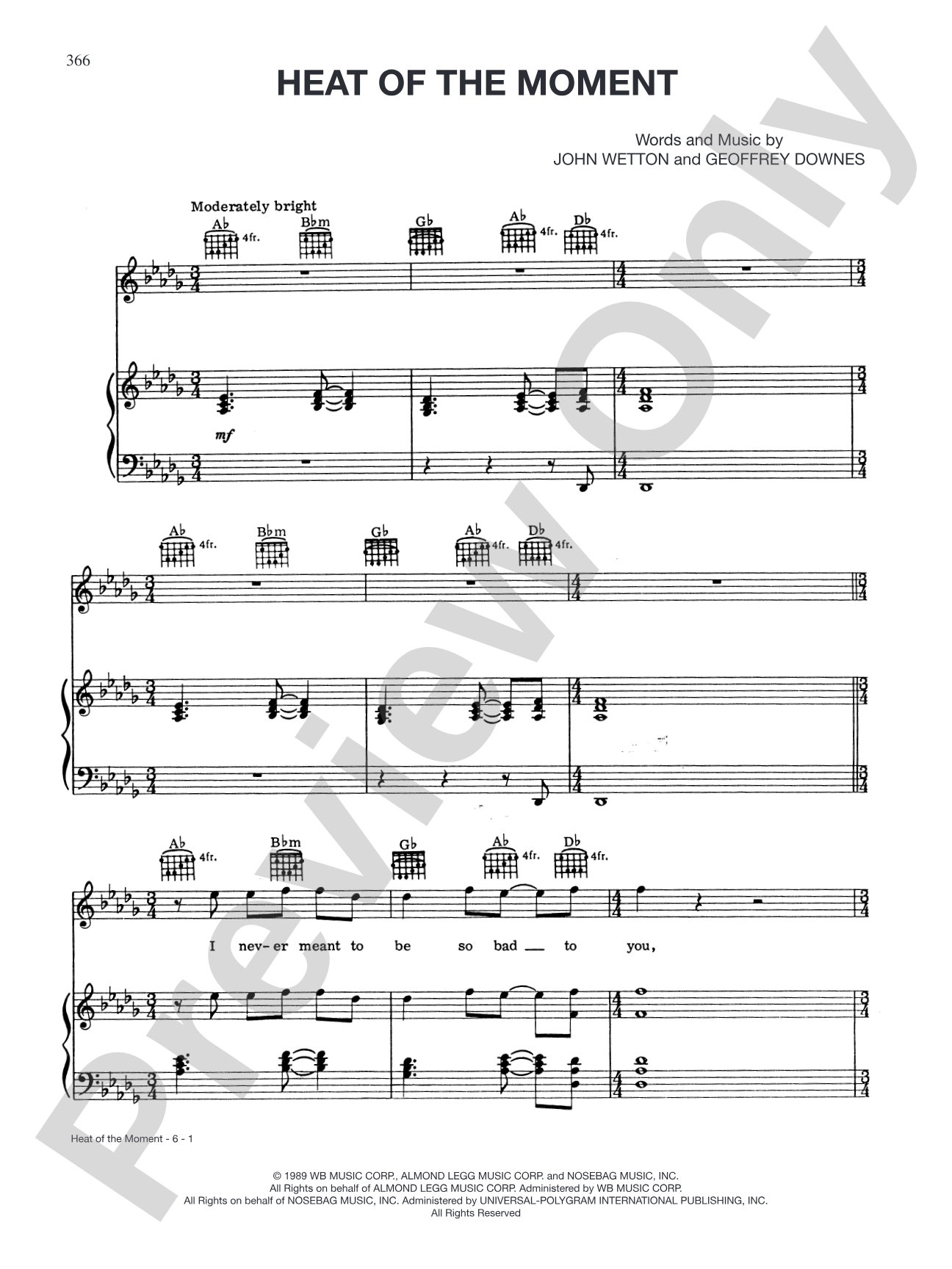 Heat of the Moment: Piano/Vocal/Chords