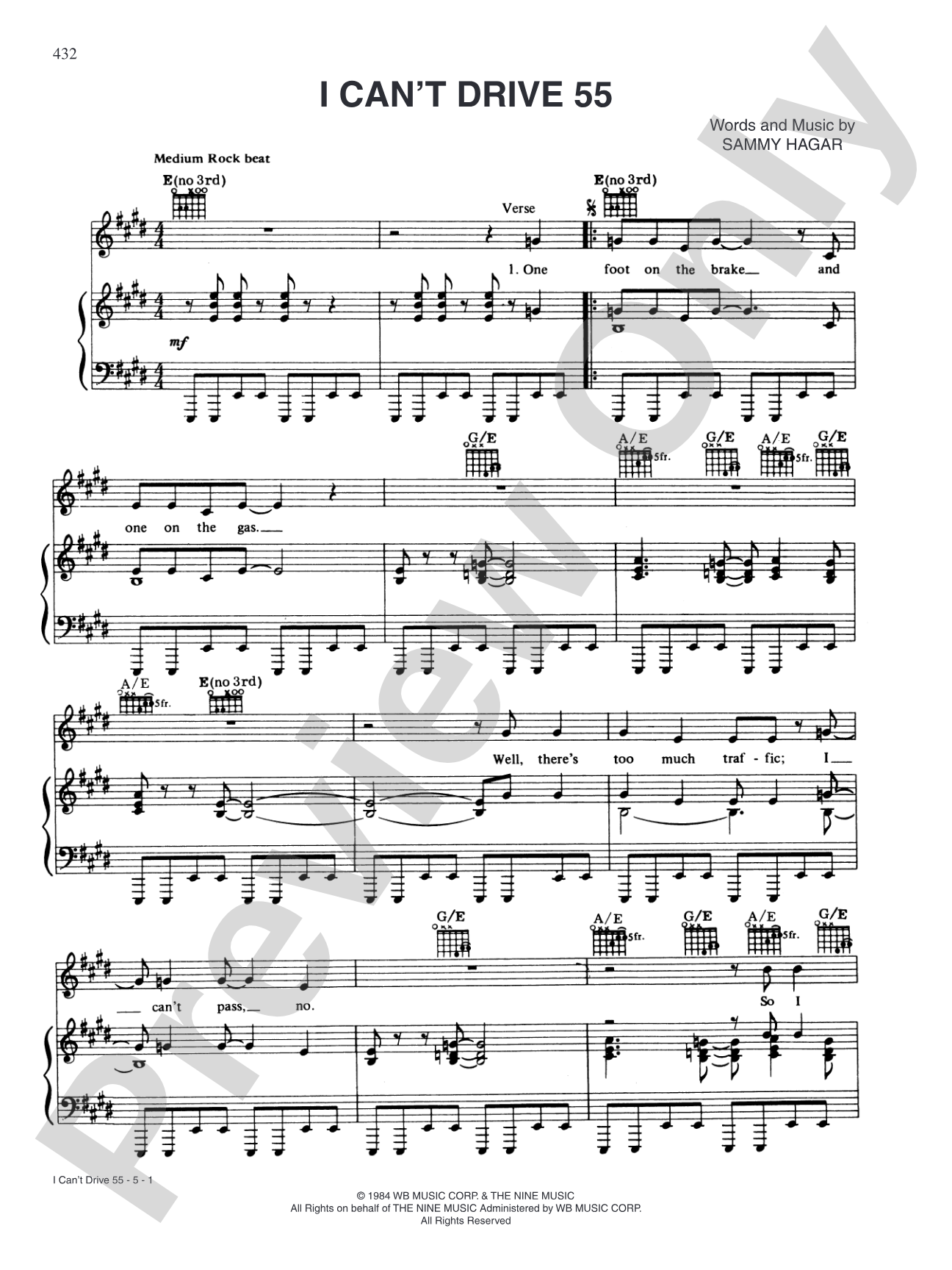 I Can't Drive 55: Piano/Vocal/Chords