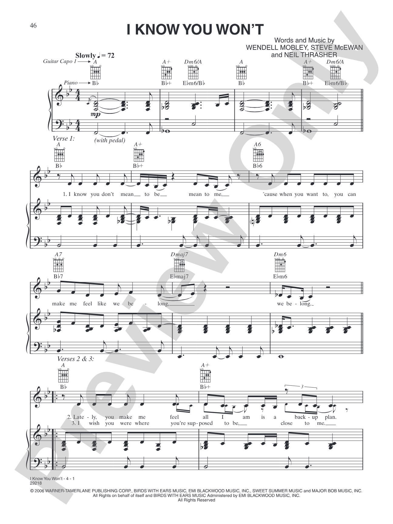 I Know You Won't: Piano/Vocal/Chords