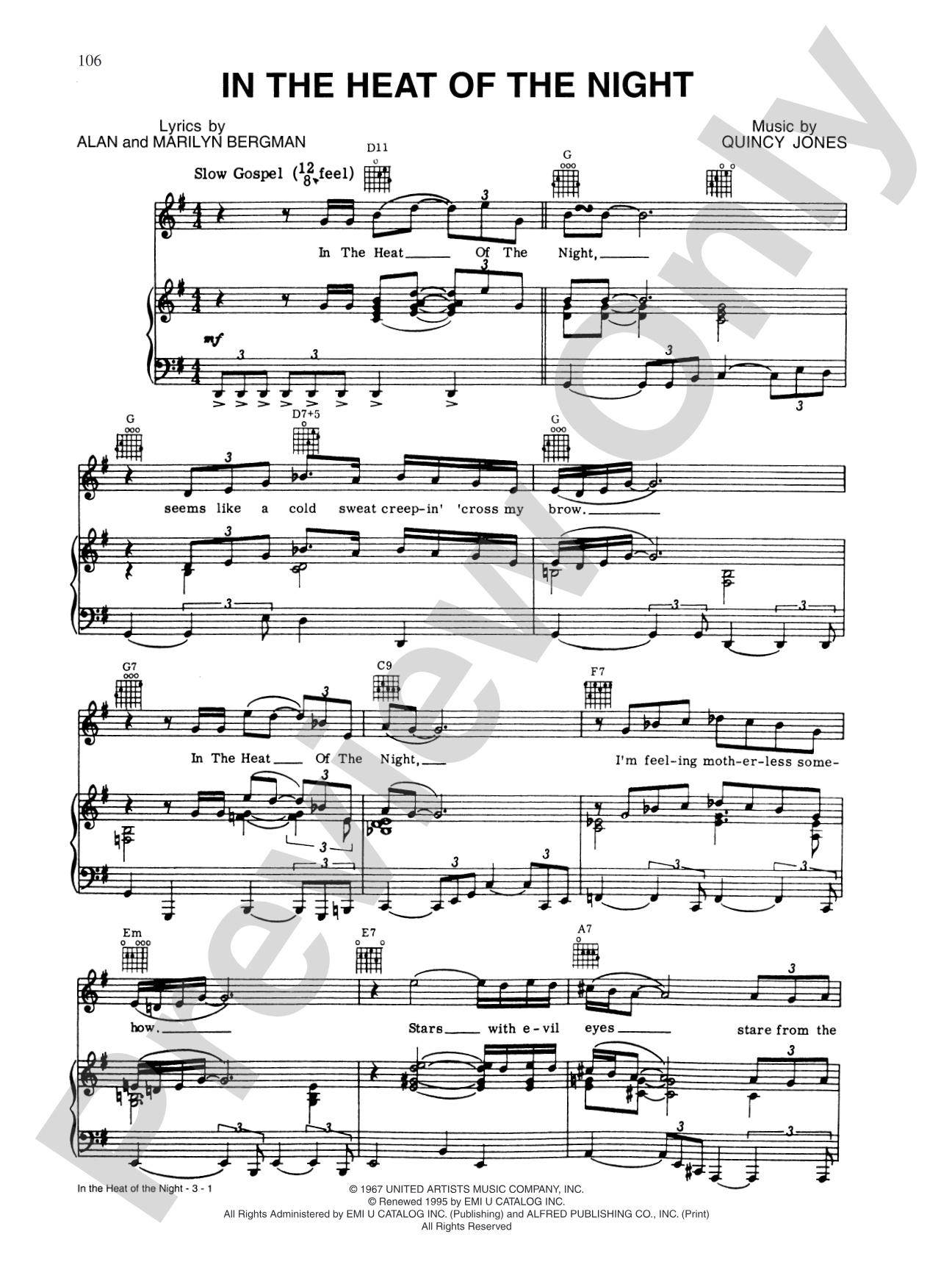 In the Heat of the Night: Piano/Vocal/Chords