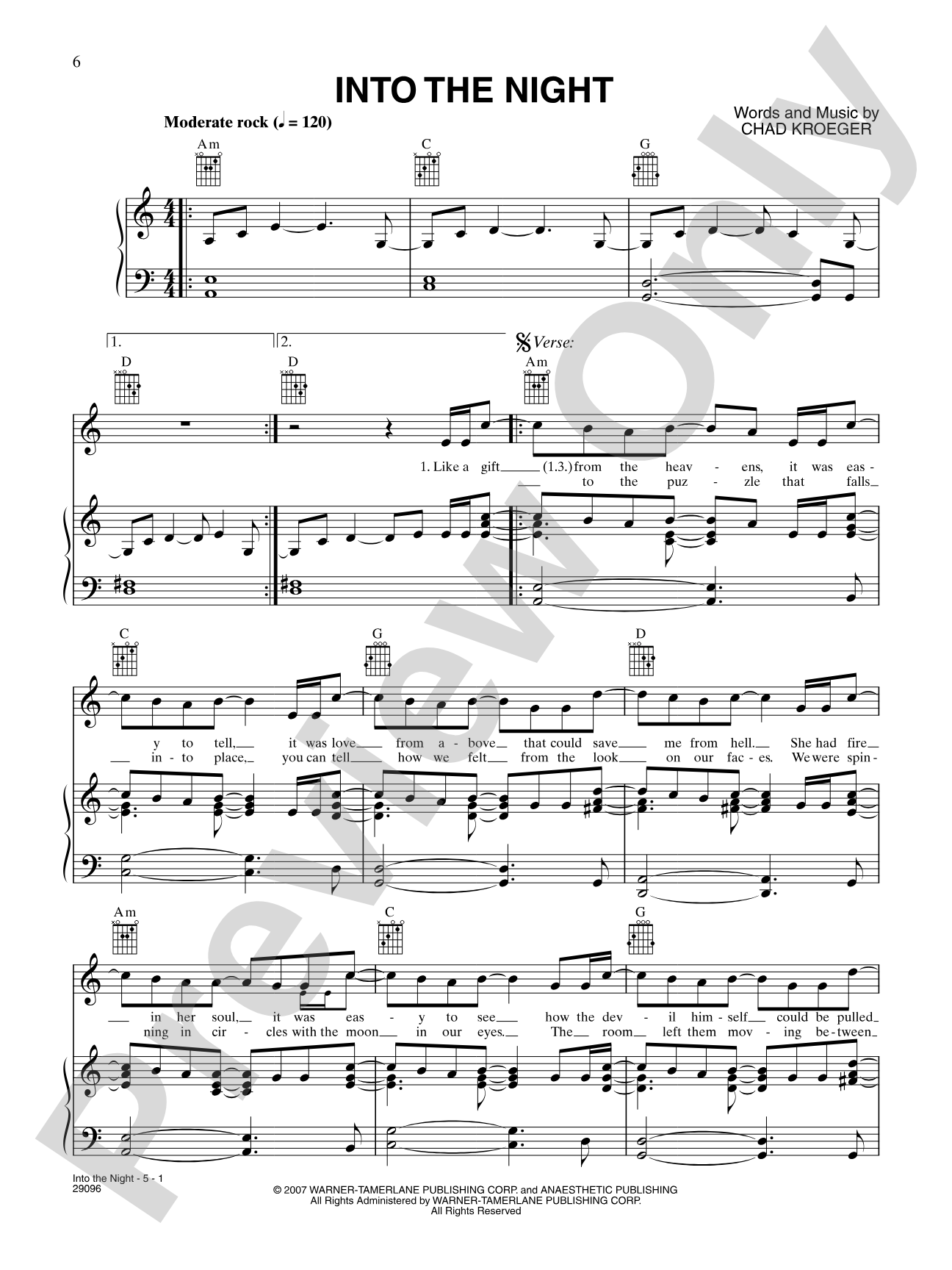 Into the Night: Piano/Vocal/Chords