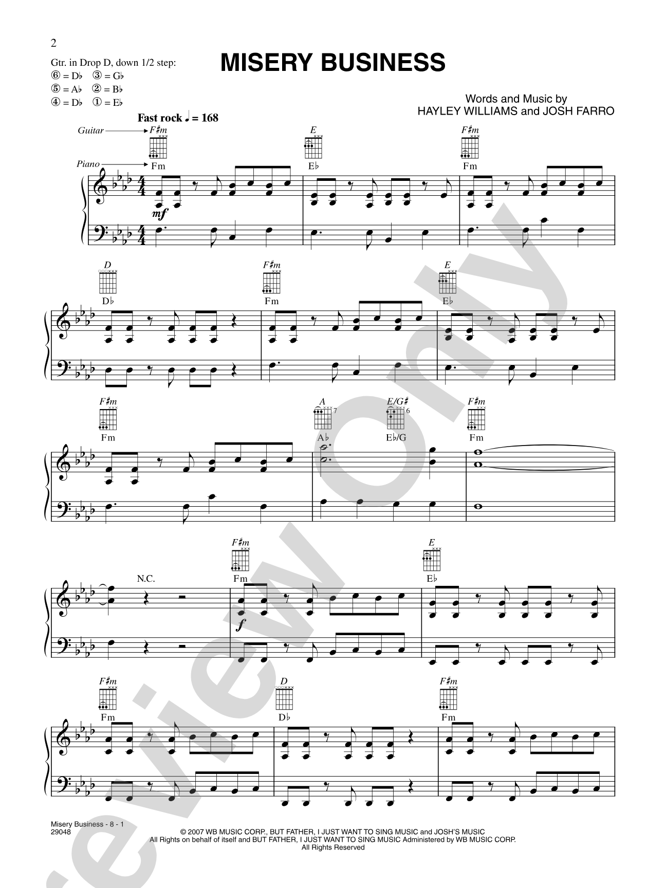 Misery Business: Piano/Vocal/Chords