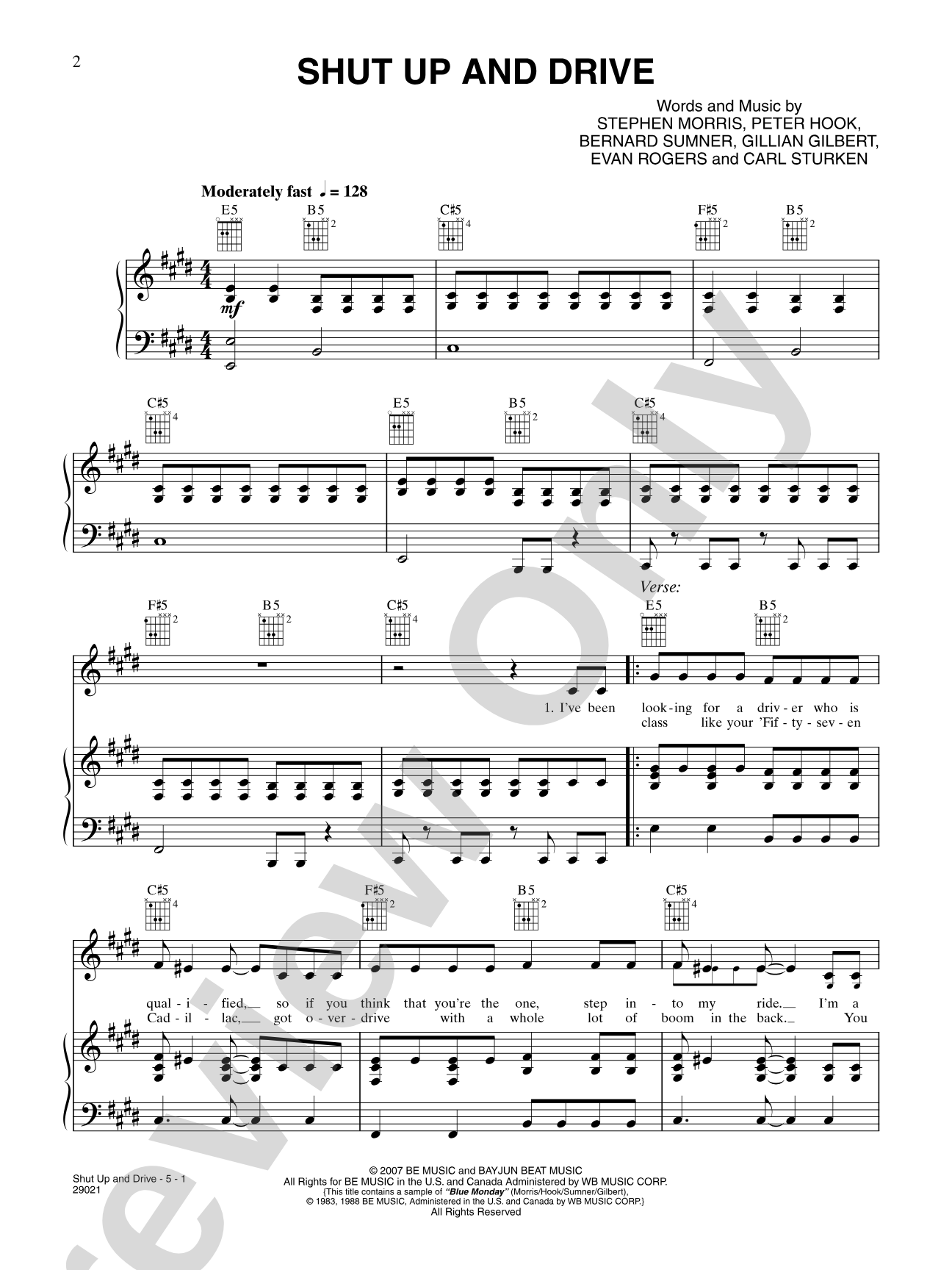 Shut Up and Drive: Piano/Vocal/Chords