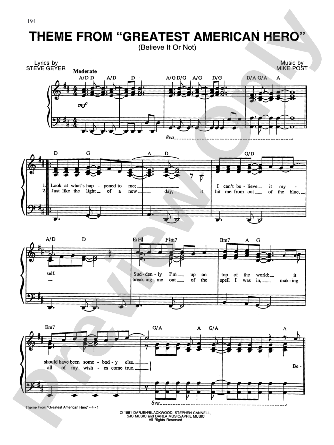 The Greatest American Hero (Theme): Piano/Vocal/Chords