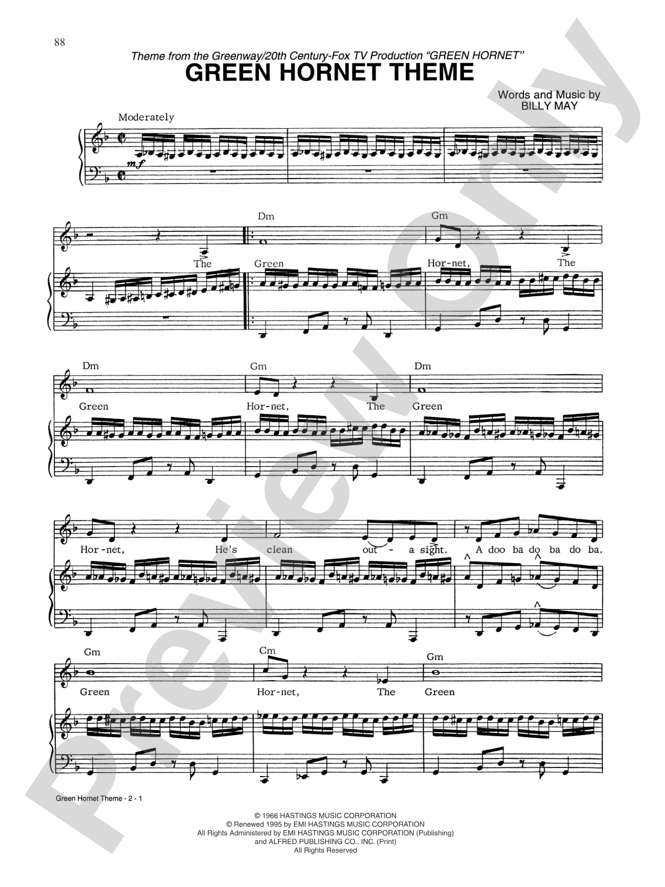 The Green Hornet Theme: Piano/Vocal/Chords