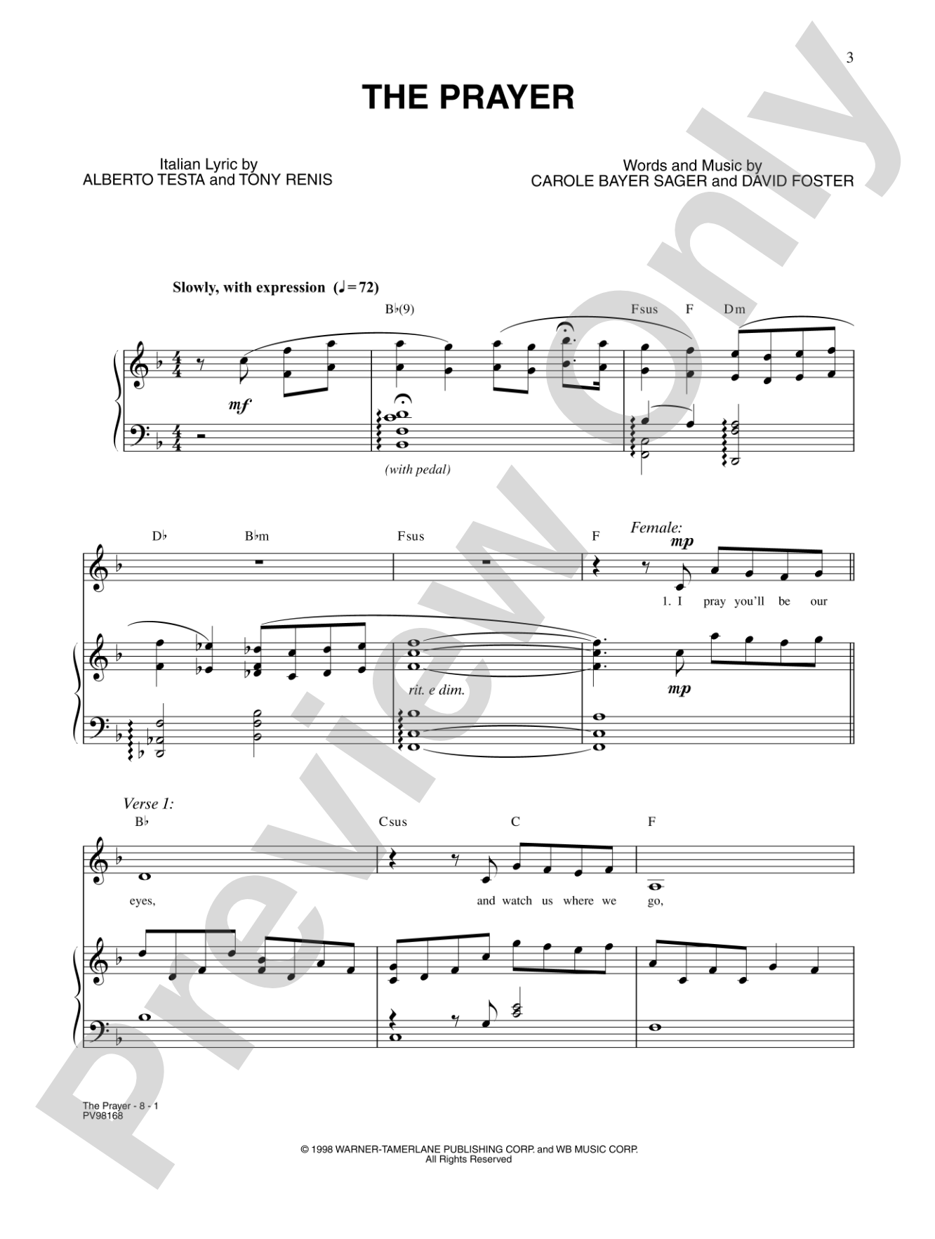The Prayer (Italian/English Version): Piano/Vocal/Chords