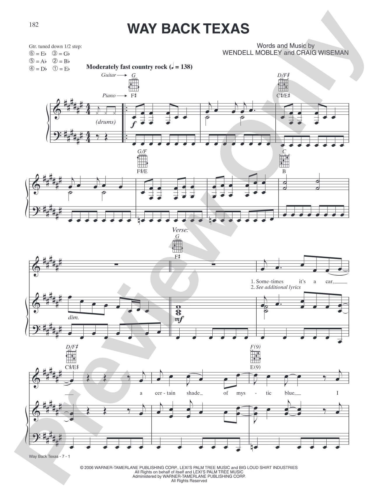 Way Back Texas: Piano/Vocal/Chords