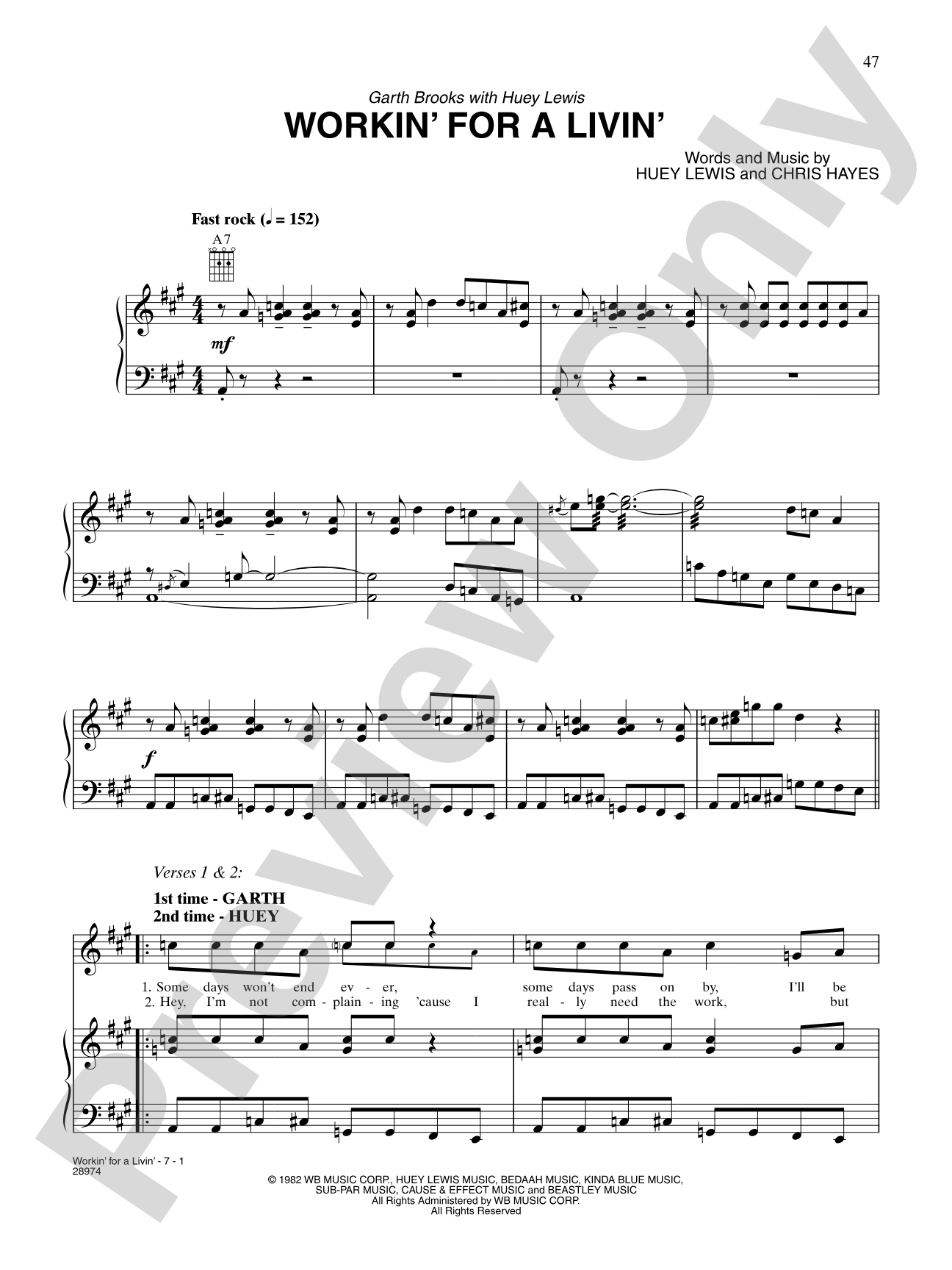 Workin' for a Livin': Piano/Vocal/Chords