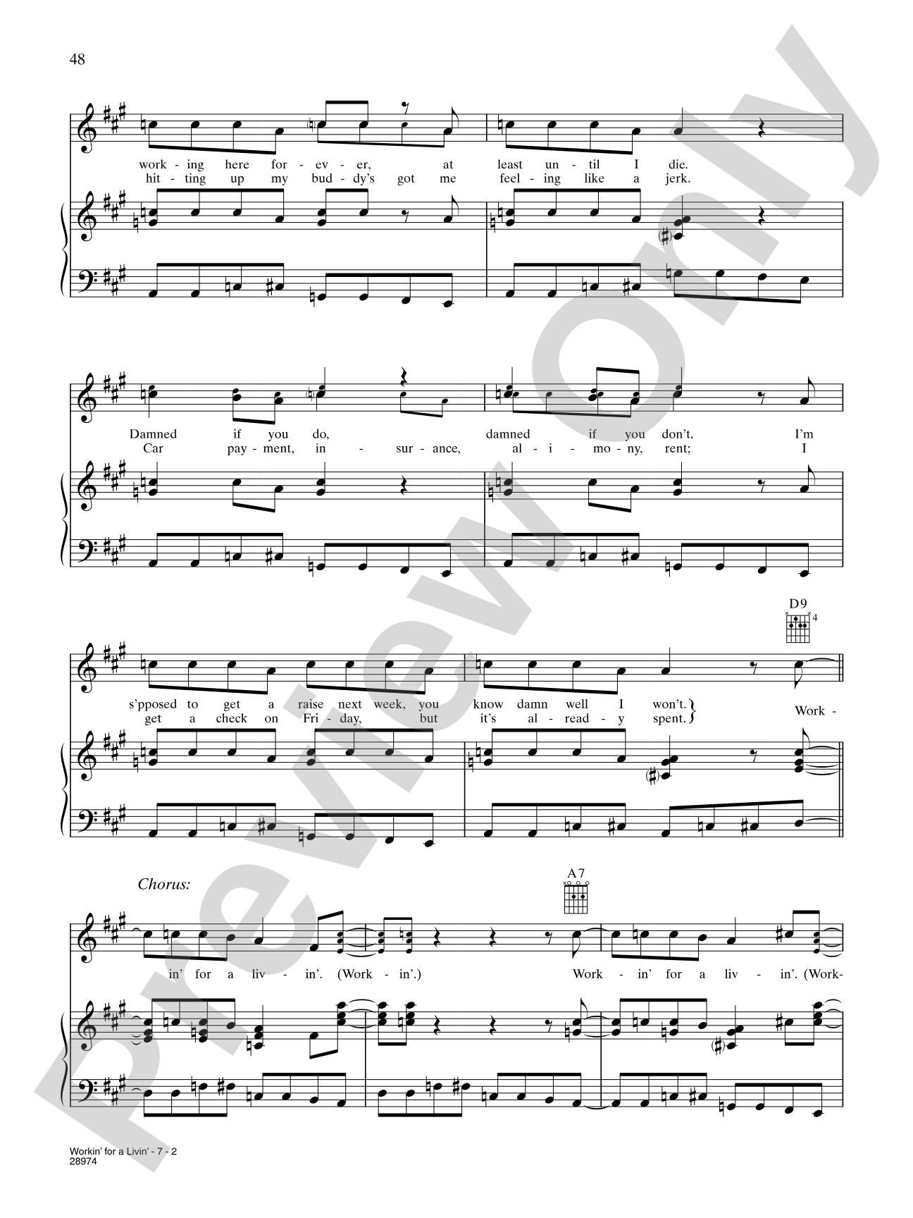 Workin' for a Livin': Piano/Vocal/Chords