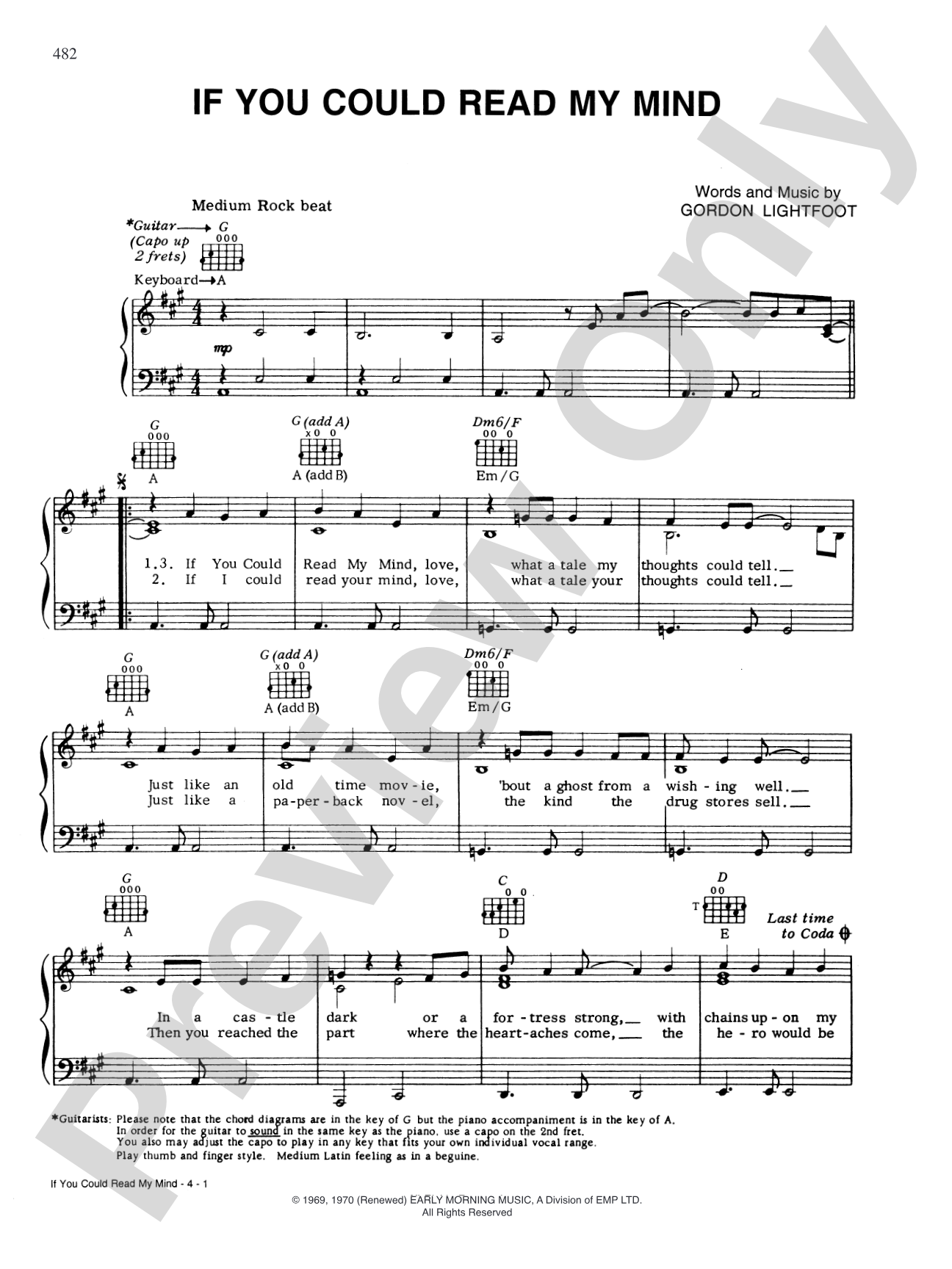 If You Could Read My Mind: Piano/Vocal/Chords