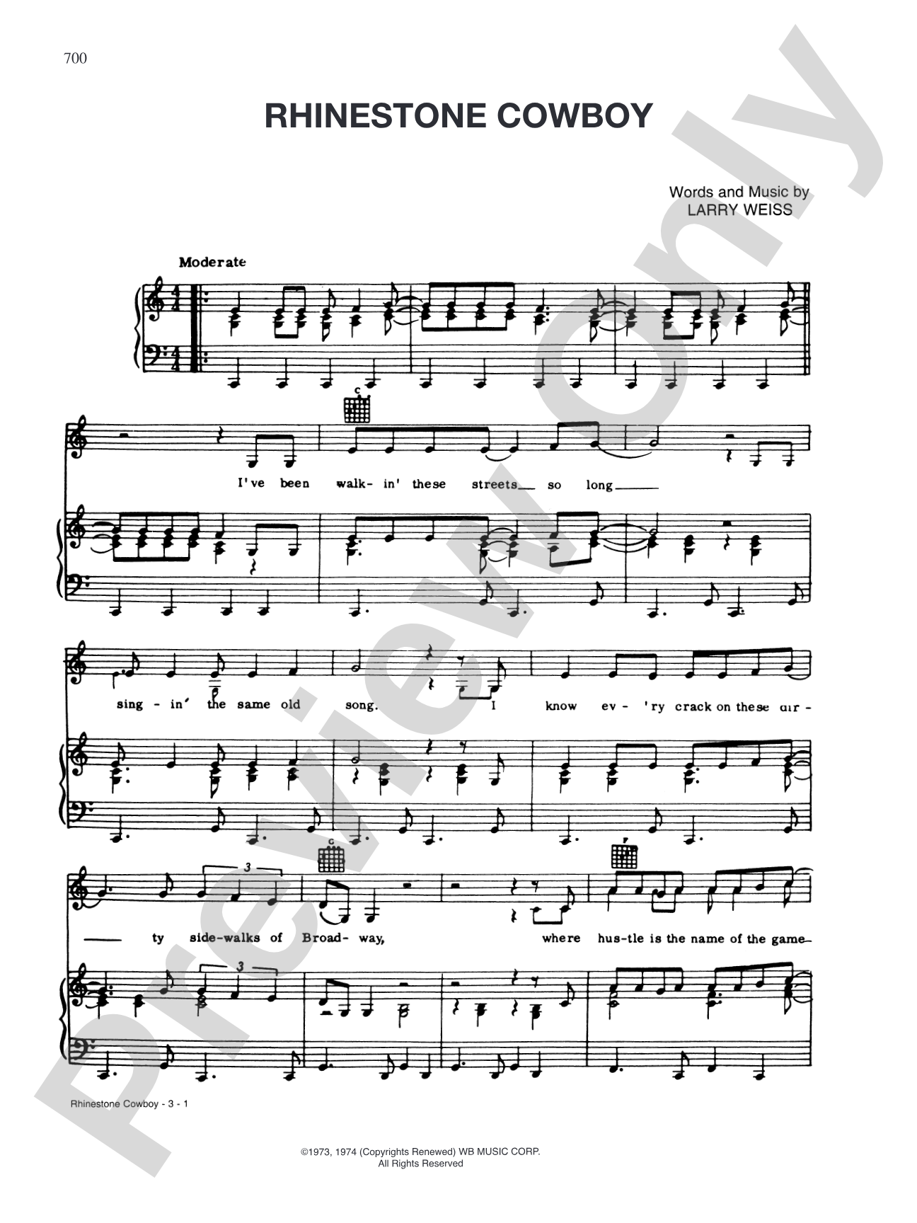 Rhinestone Cowboy: Piano/Vocal/Chords