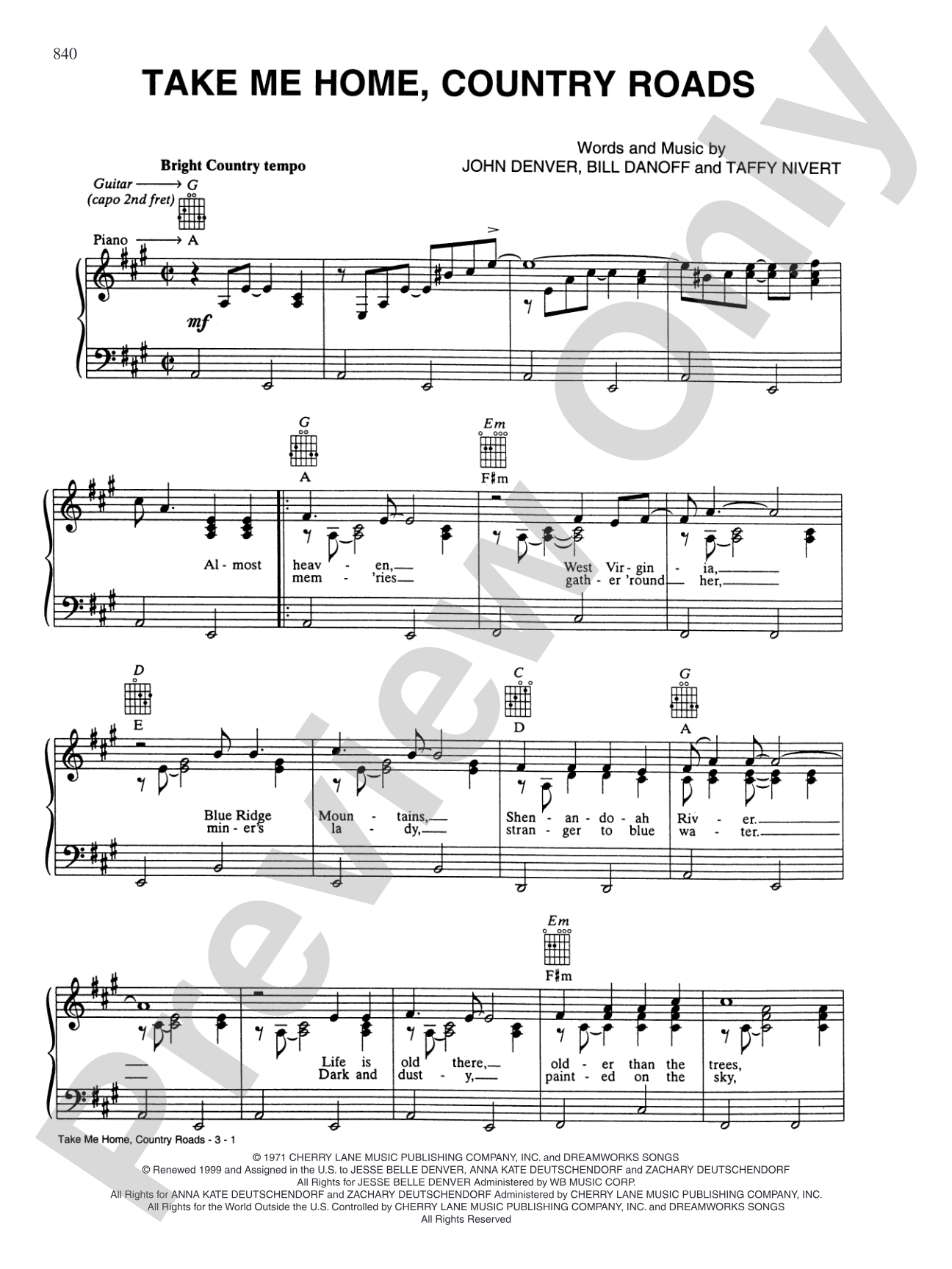Take Me Home Country Roads: Piano/Vocal/Chords