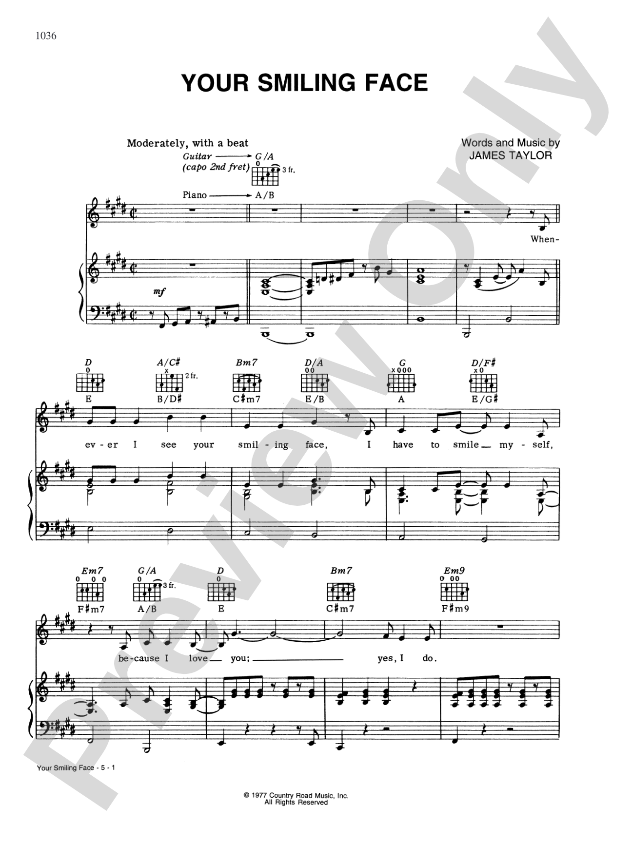 Your Smiling Face: Piano/Vocal/Chords