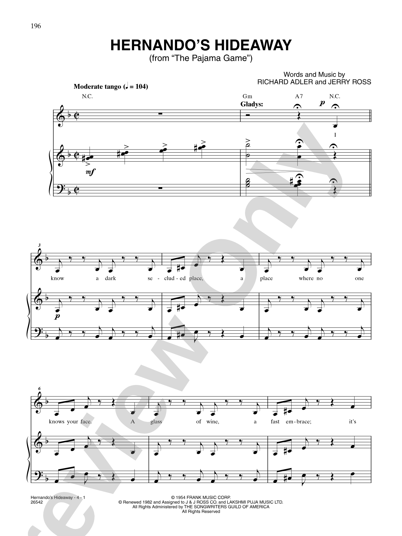 Hernando's Hideaway (From "The Pajama Game"): Piano/Vocal/Chords