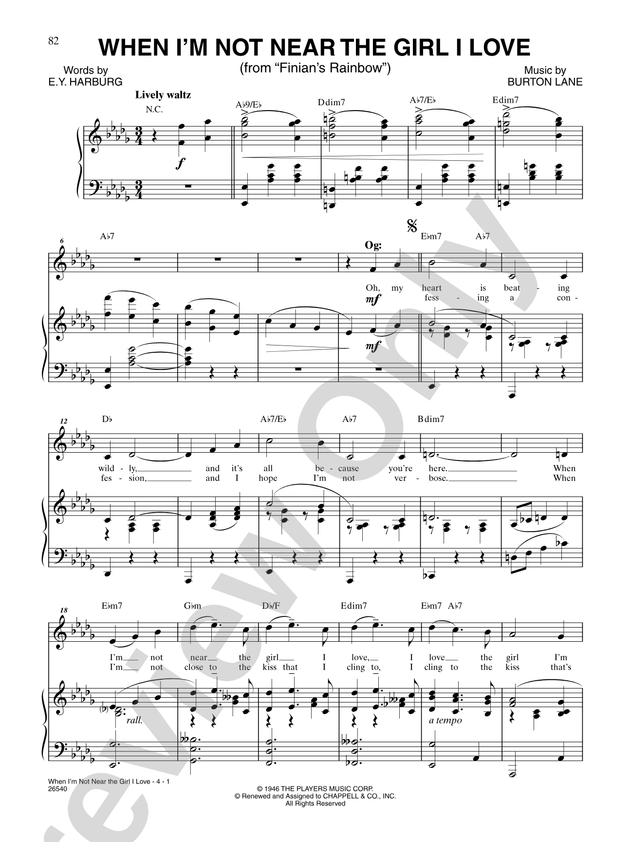 When I'm Not Near the Girl I Love (From "Finian's Rainbow"): Piano/Vocal/Chords
